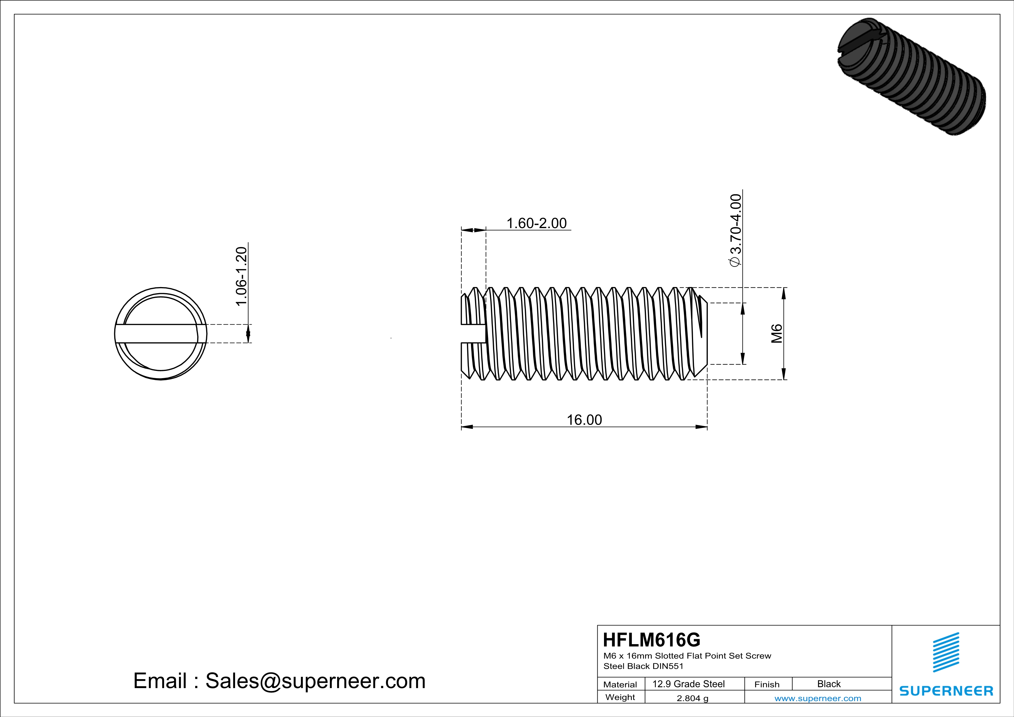 M6 x 16mm Slotted Flat Point Set Screw 12.9 Carbon Steel Black 