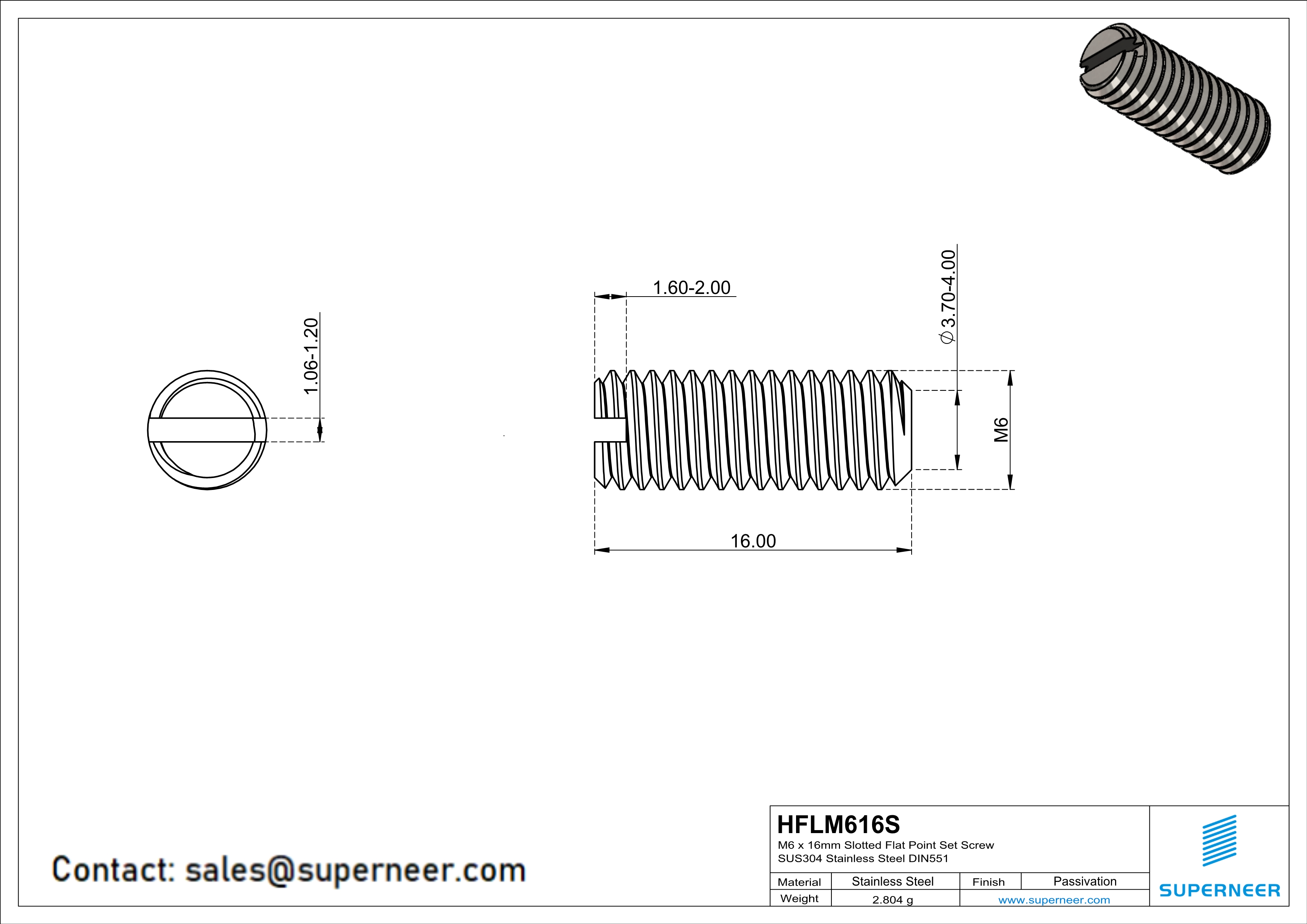 M6 x 16mm Slotted Flat Point Set Screw SUS304 Stainless Steel Inox 
