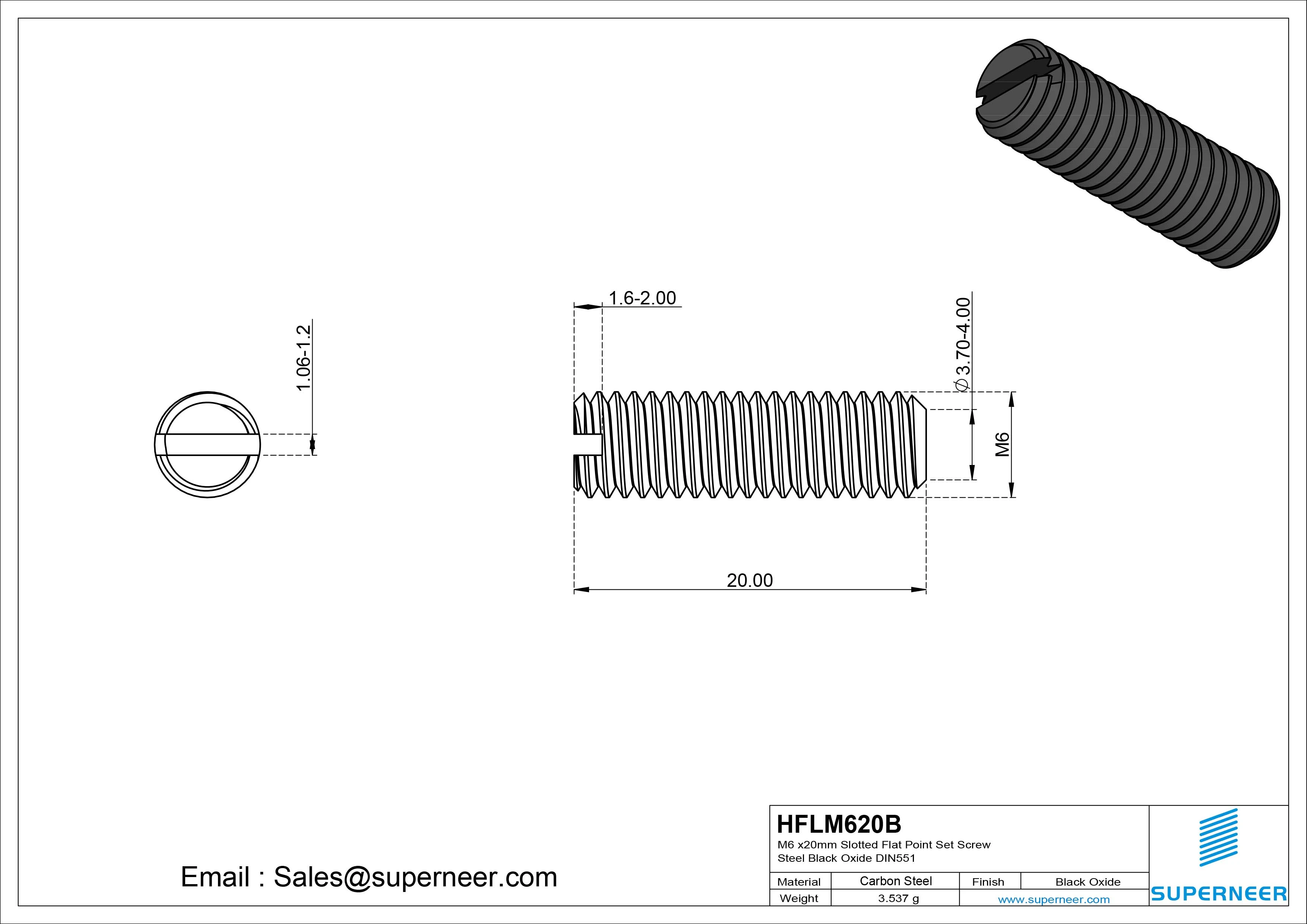 M6 x 20mm Slotted Flat Point Set Screw 12.9 Carbon Steel Black DIN551