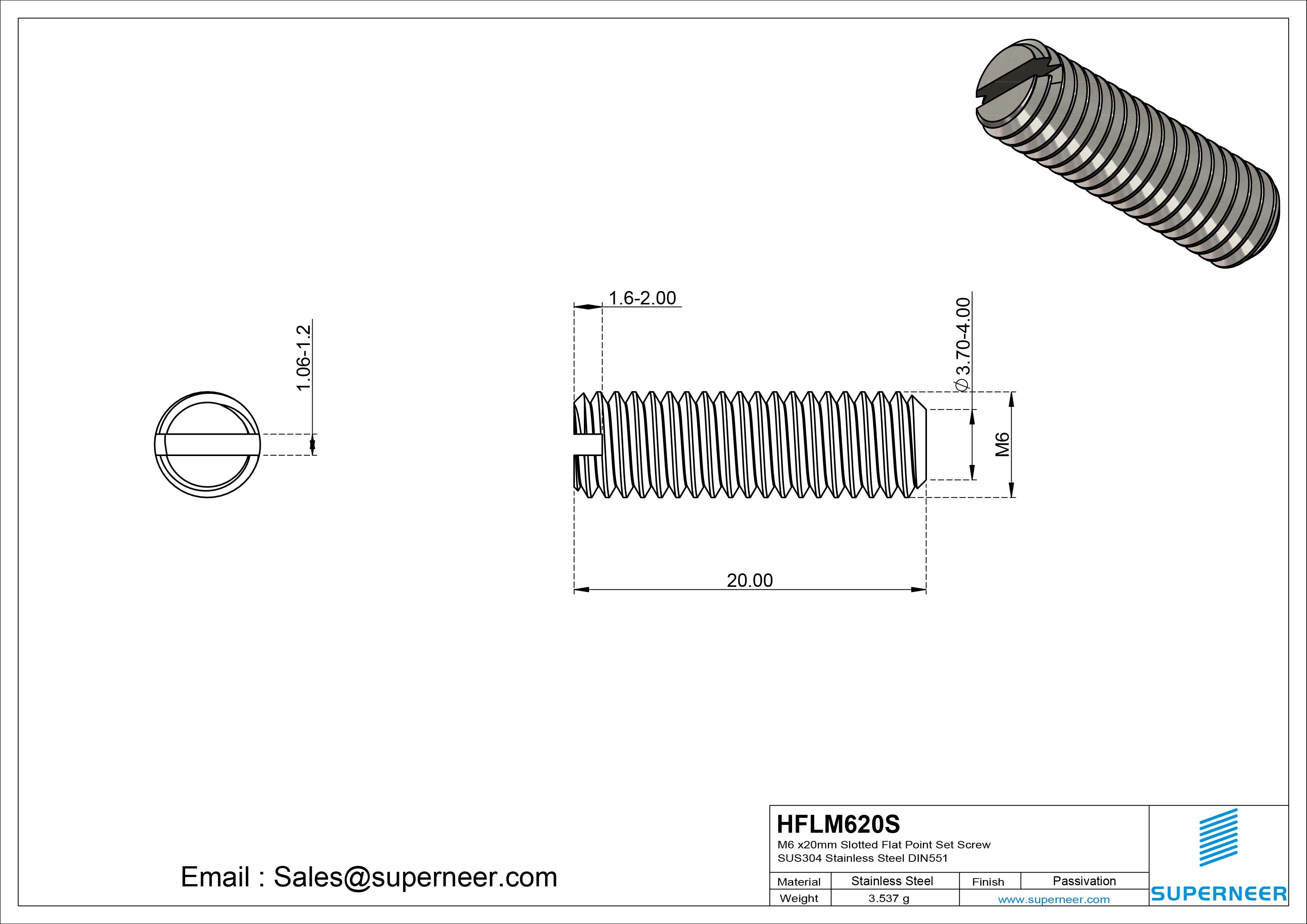 M6 x 20mm Slotted Flat Point Set Screw SUS304 Stainless Steel DIN551
