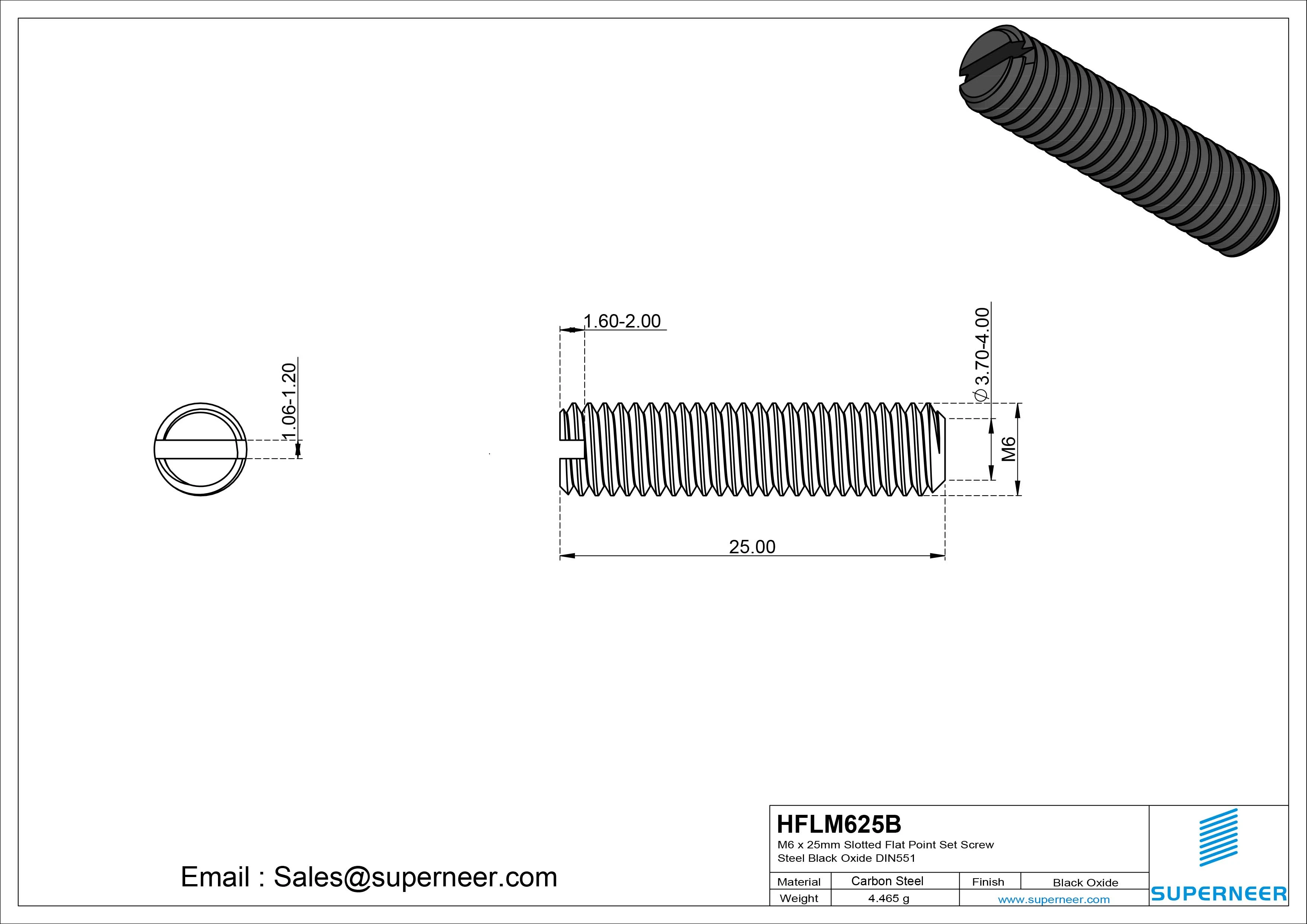 M6 x 25mm Slotted Flat Point Set Screw 12.9 Carbon Steel Black DIN551