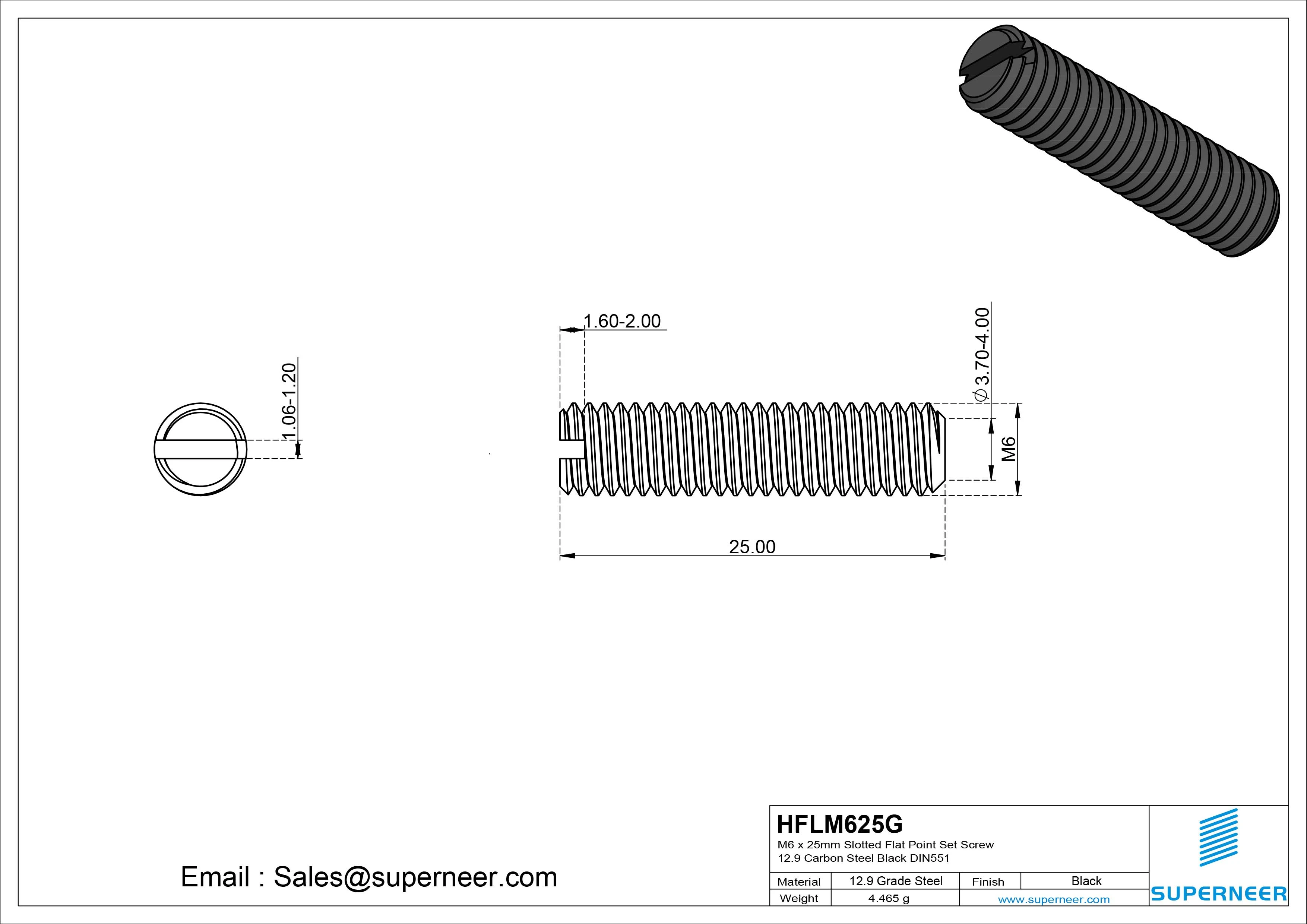 M6 x 25mm Slotted Flat Point Set Screw 12.9 Carbon Steel Black DIN551