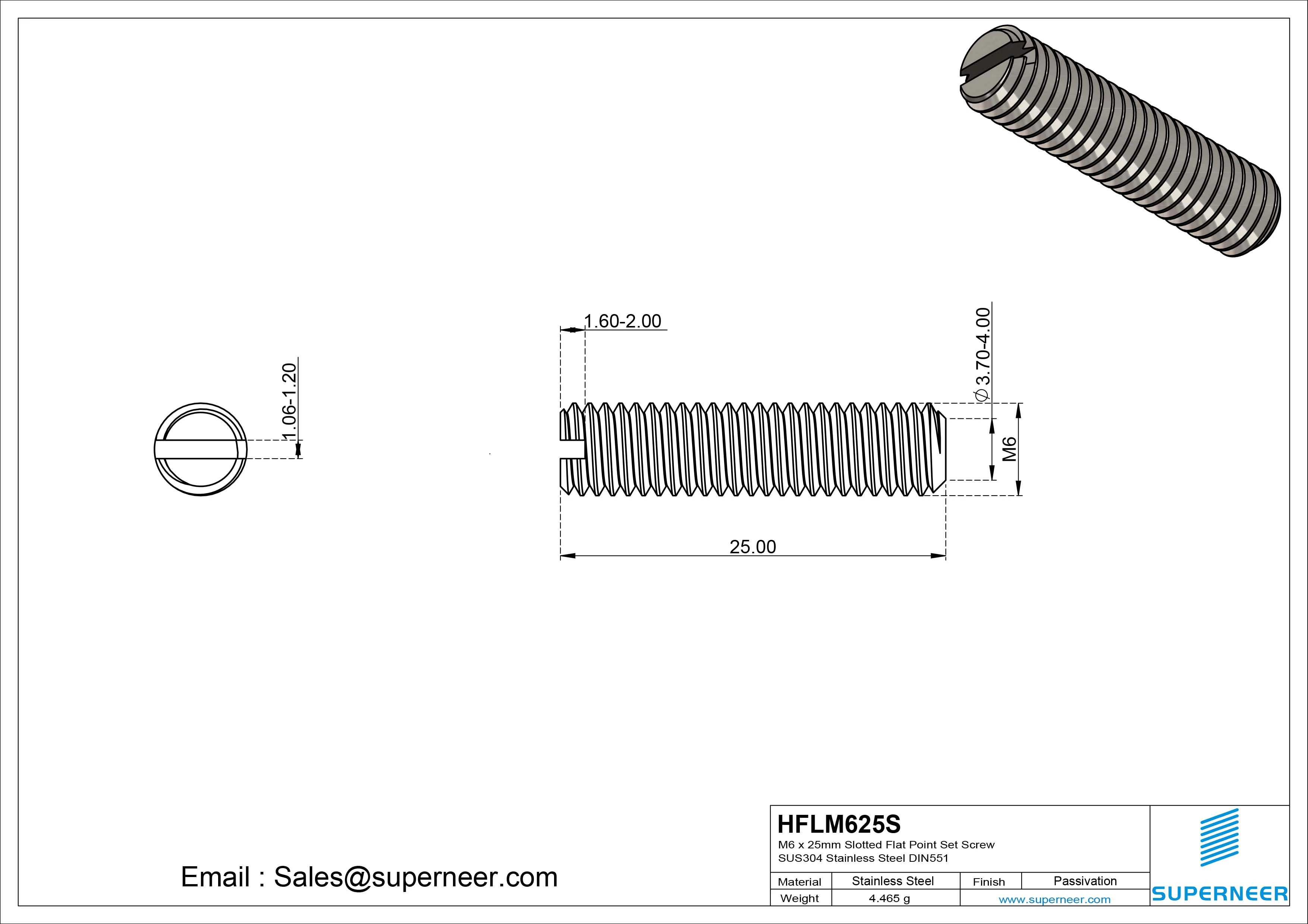 M6 x 25mm Slotted Flat Point Set Screw SUS304 Stainless Steel DIN551