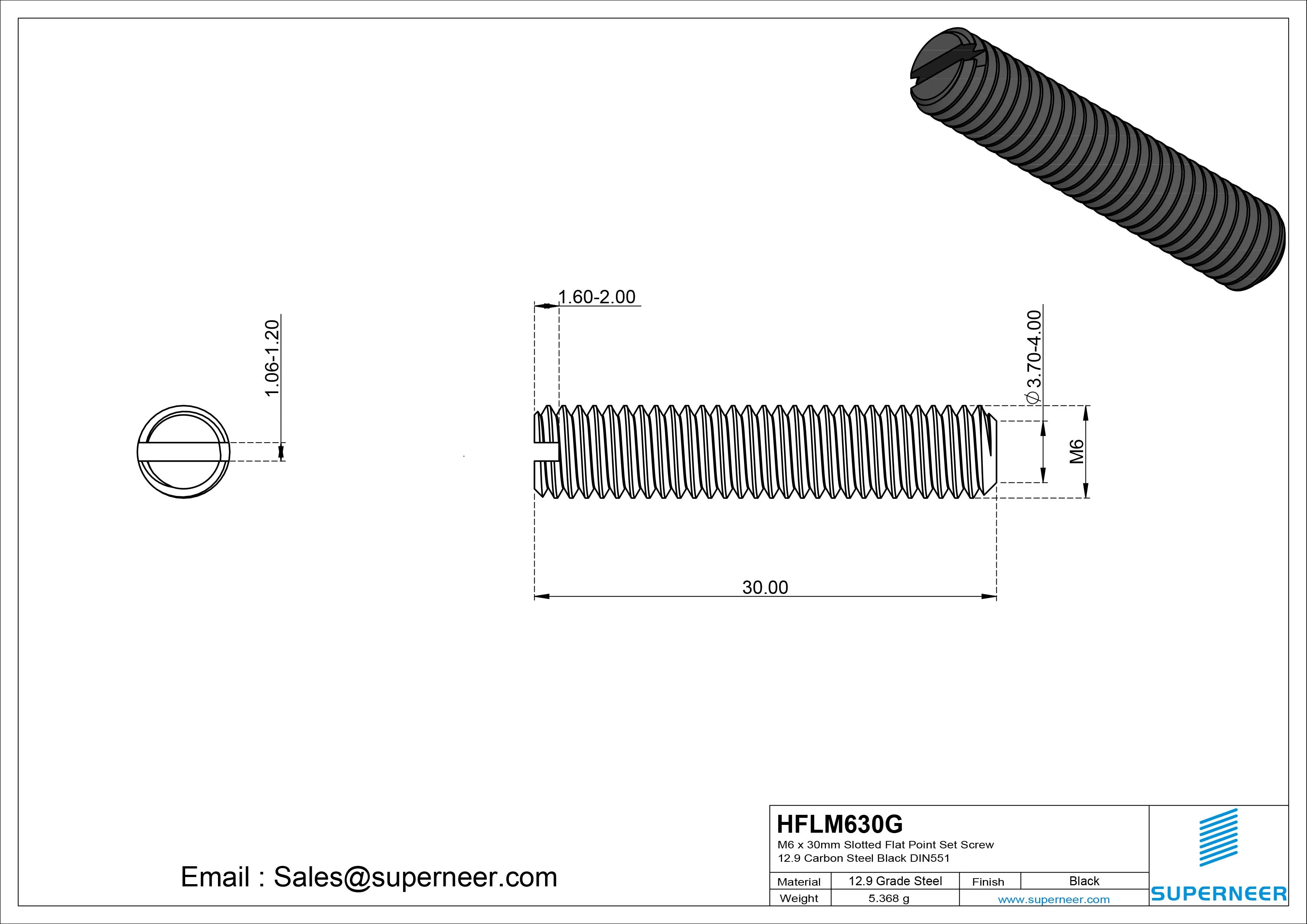 M6 x 30mm Slotted Flat Point Set Screw 12.9 Carbon Steel Black DIN551