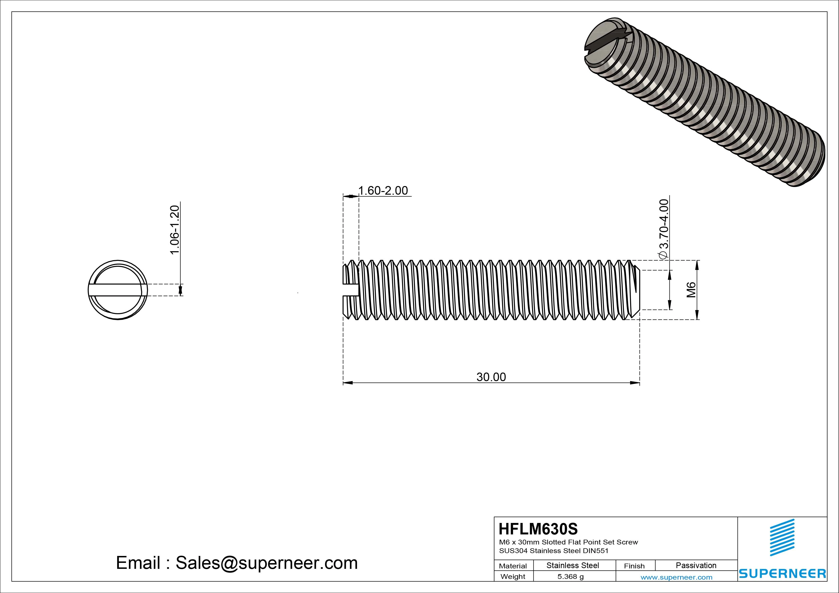 M6 x 30mm Slotted Flat Point Set Screw SUS304 Stainless Steel DIN551