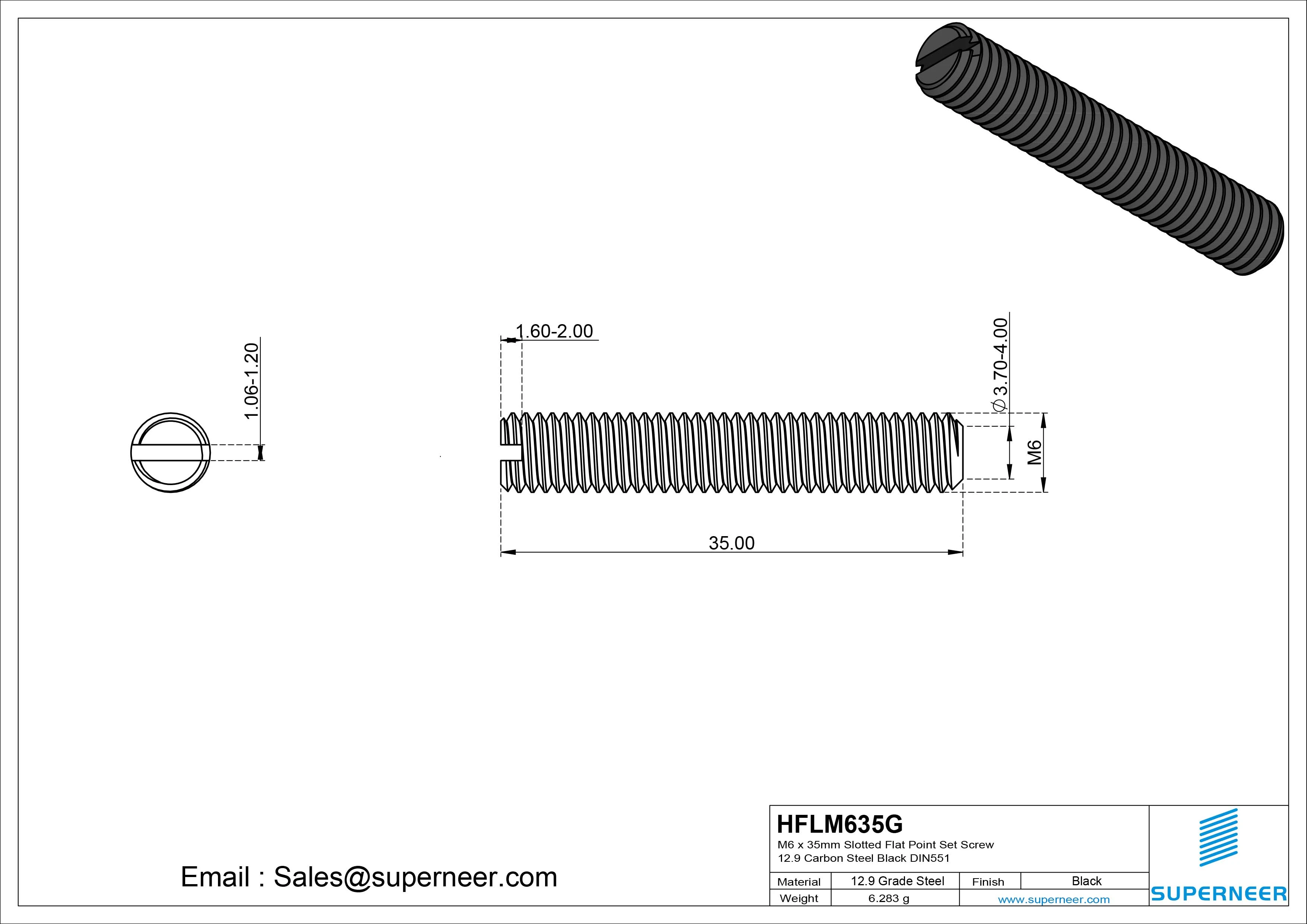 M6 x 35mm Slotted Flat Point Set Screw 12.9 Carbon Steel Black DIN551