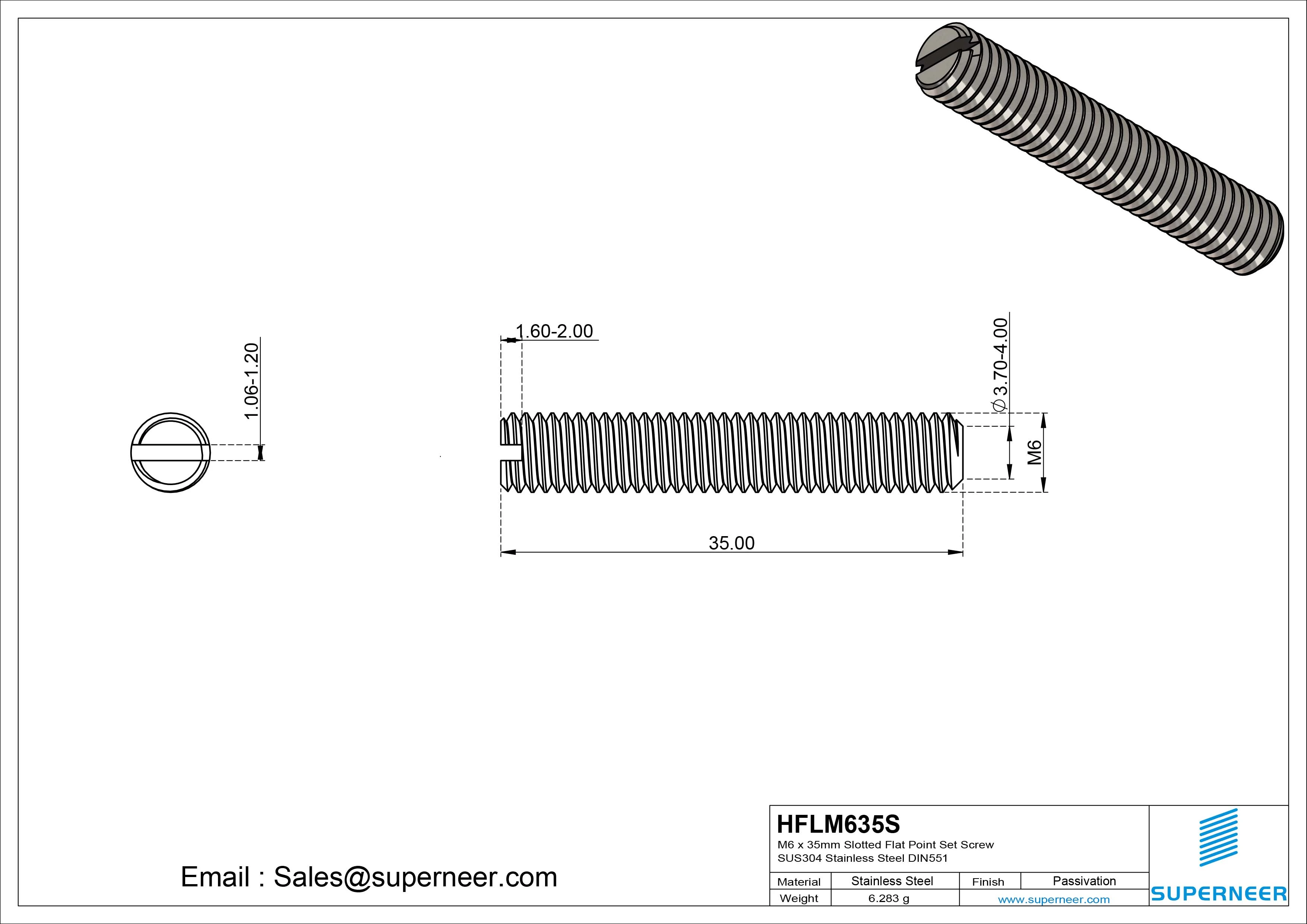 M6 x 35mm Slotted Flat Point Set Screw SUS304 Stainless Steel DIN551