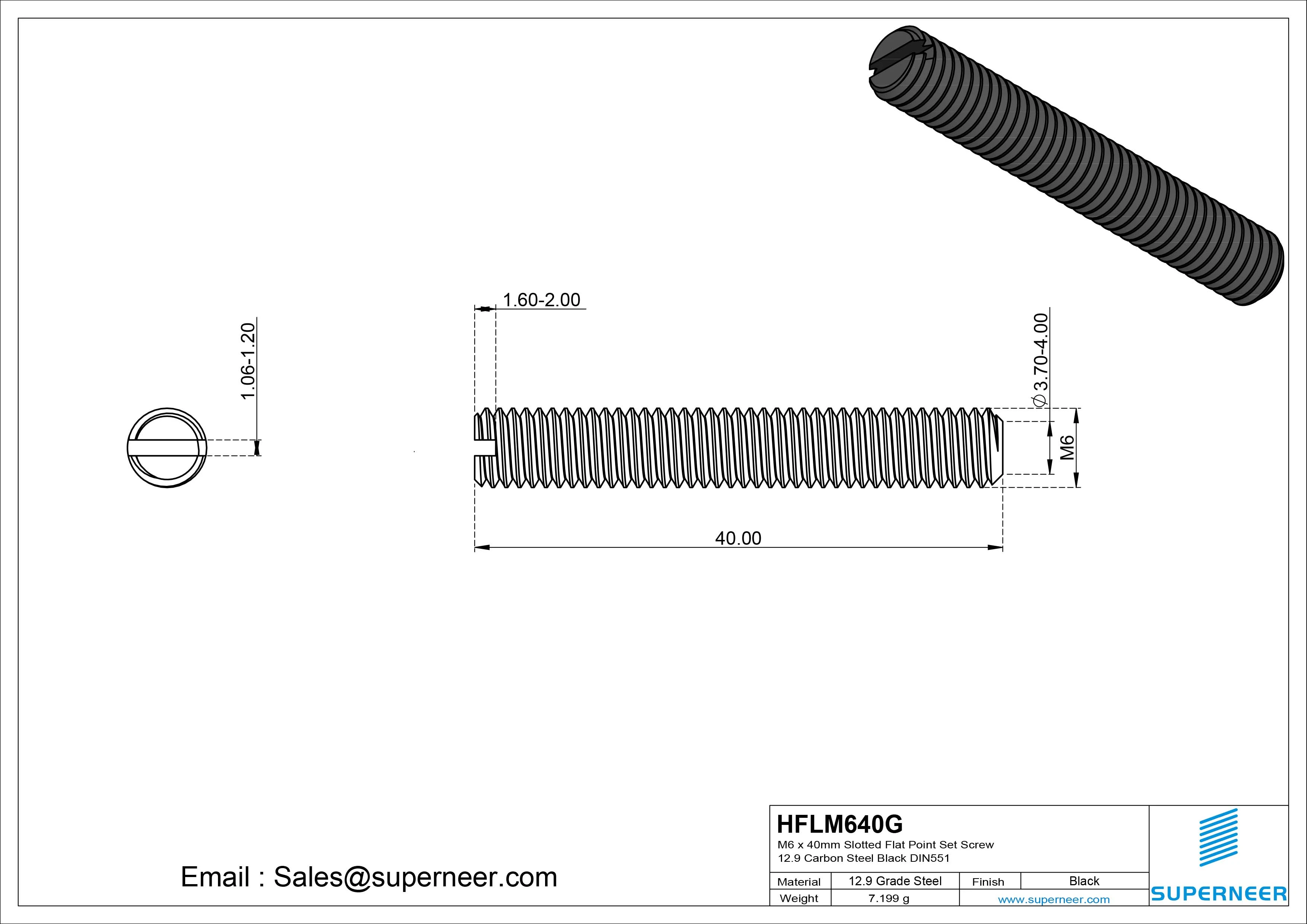 M6 x 40mm Slotted Flat Point Set Screw 12.9 Carbon Steel Black DIN551