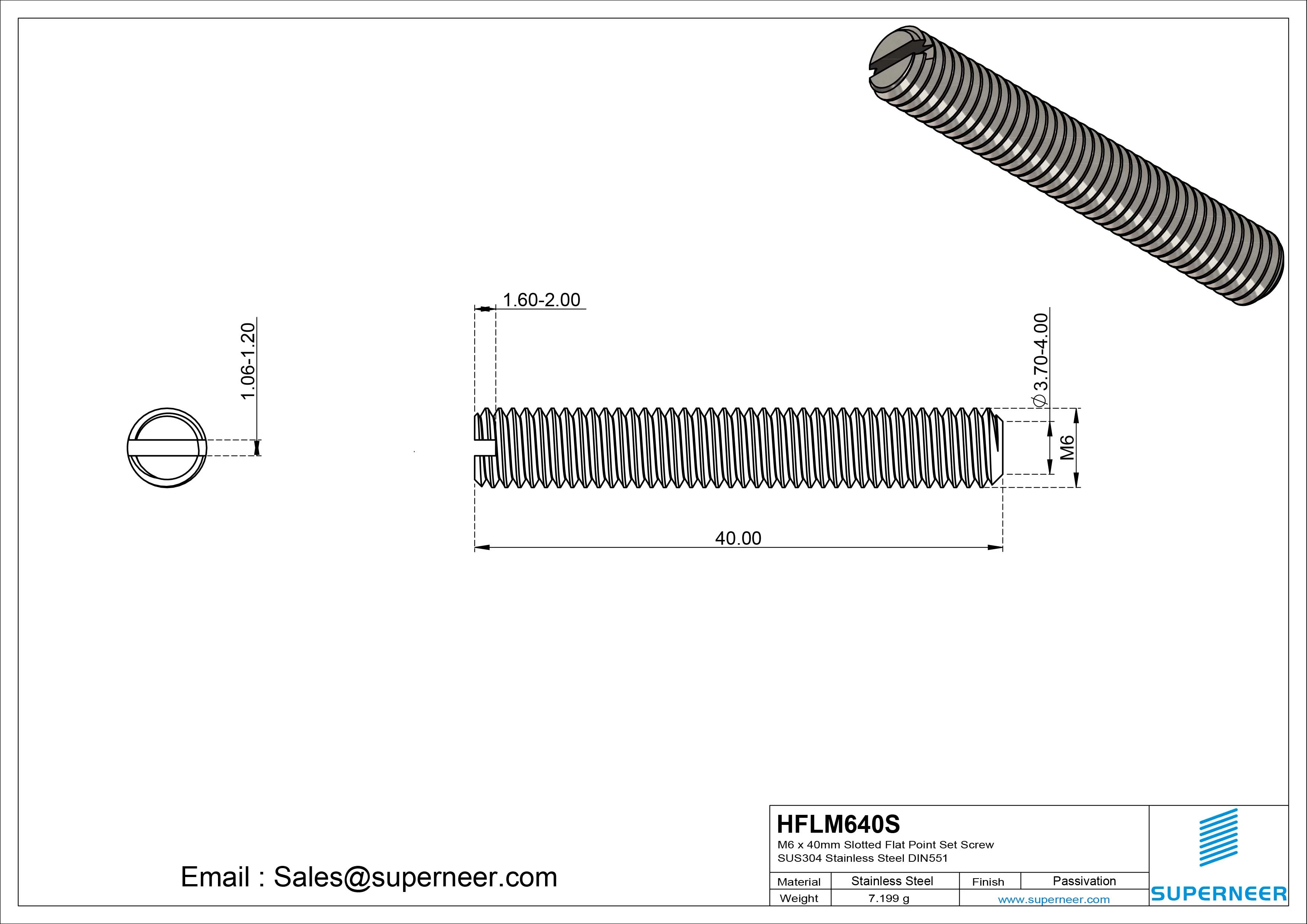 M6 x 40mm Slotted Flat Point Set Screw SUS304 Stainless Steel DIN551