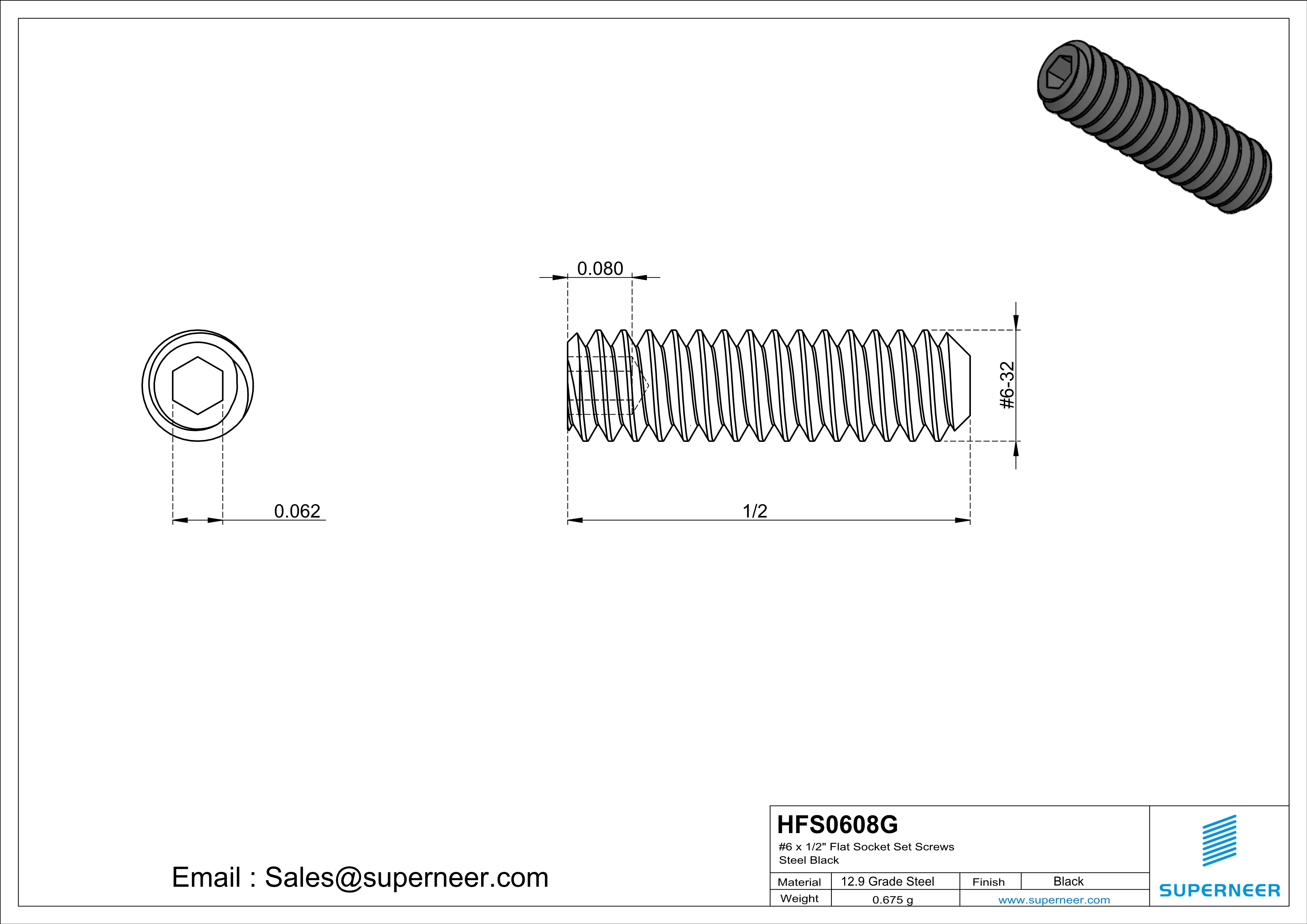 6 x 1/2" Flat Socket Set Screws 12.9 Carbon Steel Black