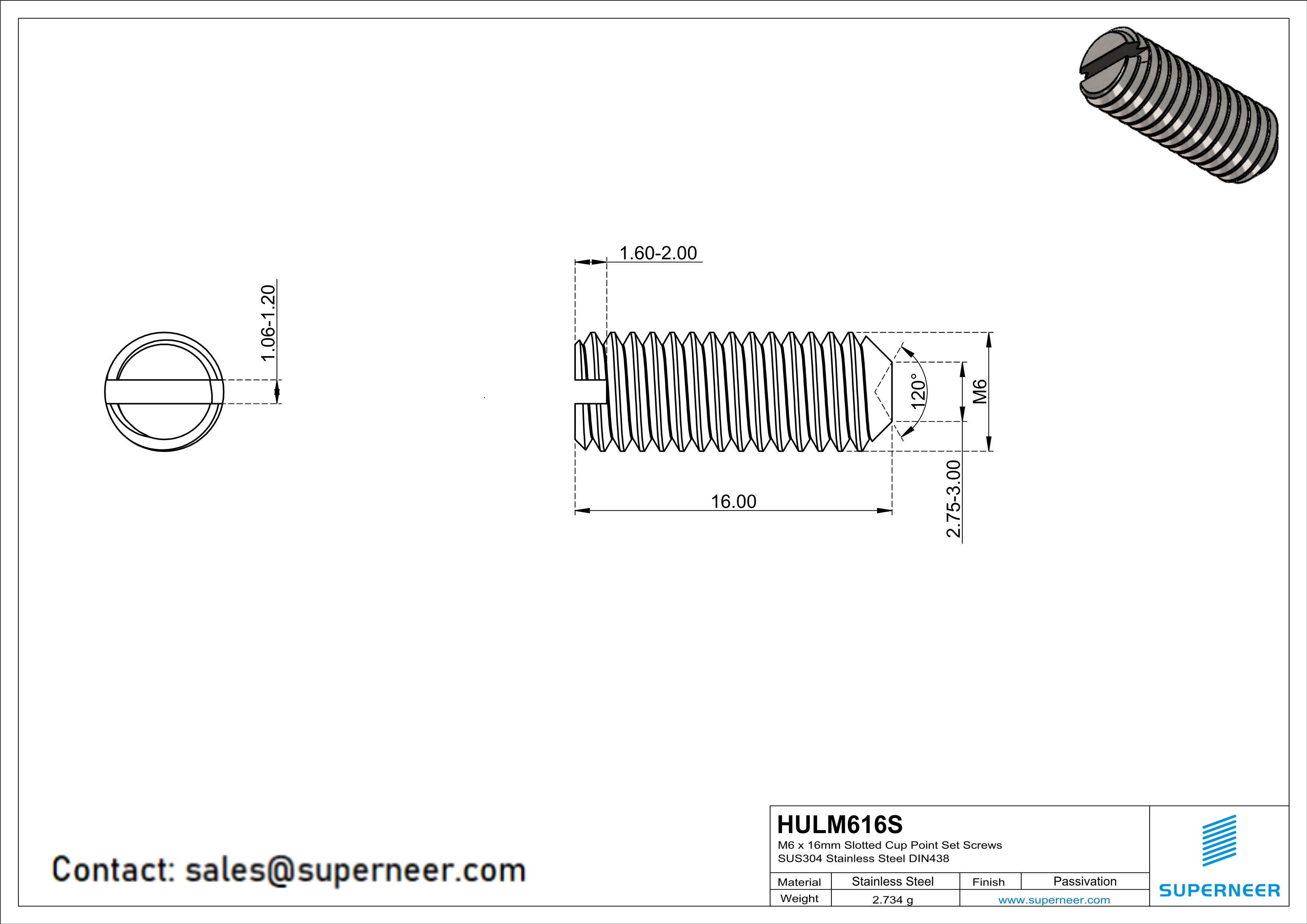 M6 x 16mm Slotted Cup Point Set Screws SUS304 Stainless Steel Inox DIN438