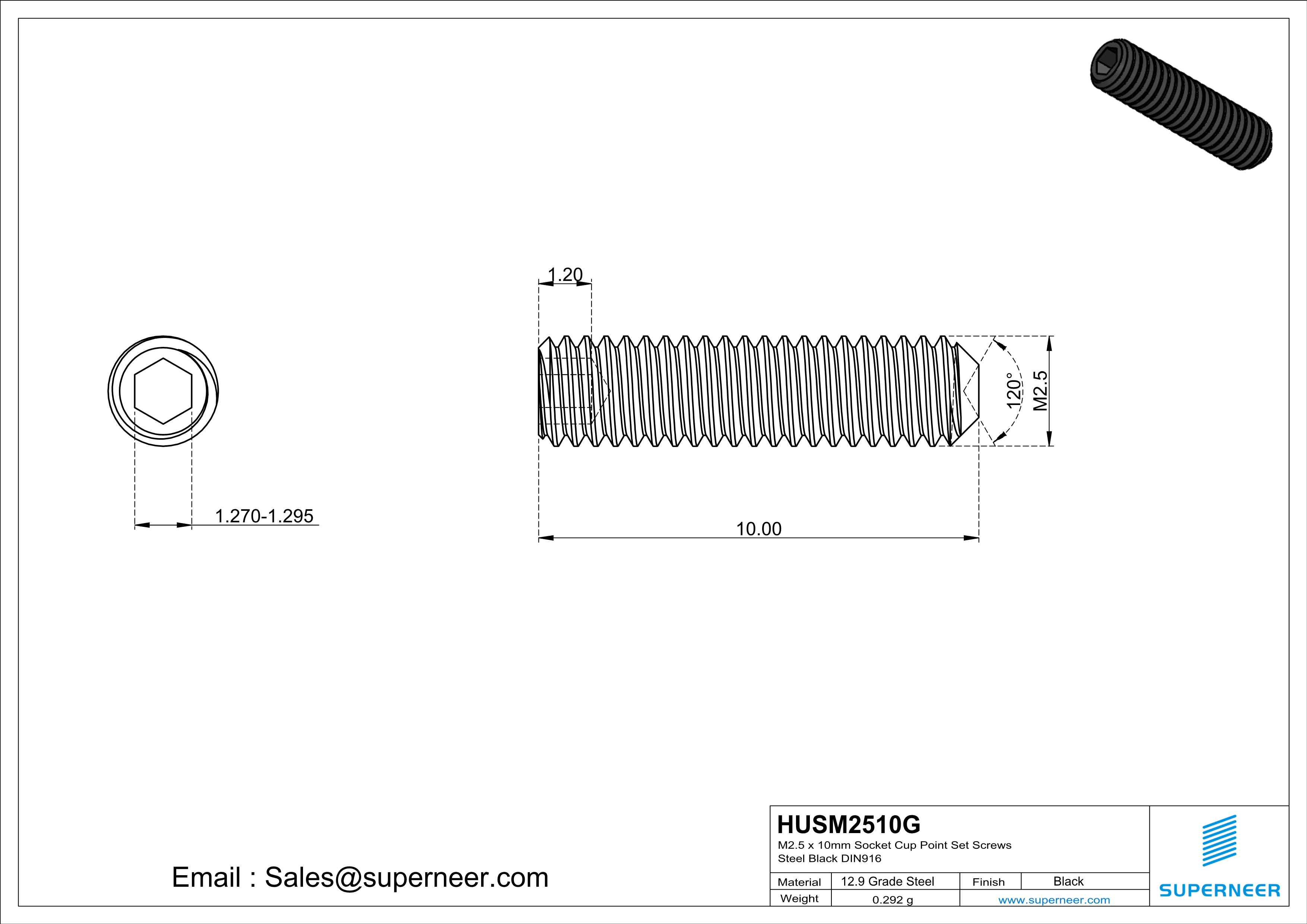 M2.5 x 10mm Socket Cup Point Set Screws 12.9 Carbon Steel Black DIN916