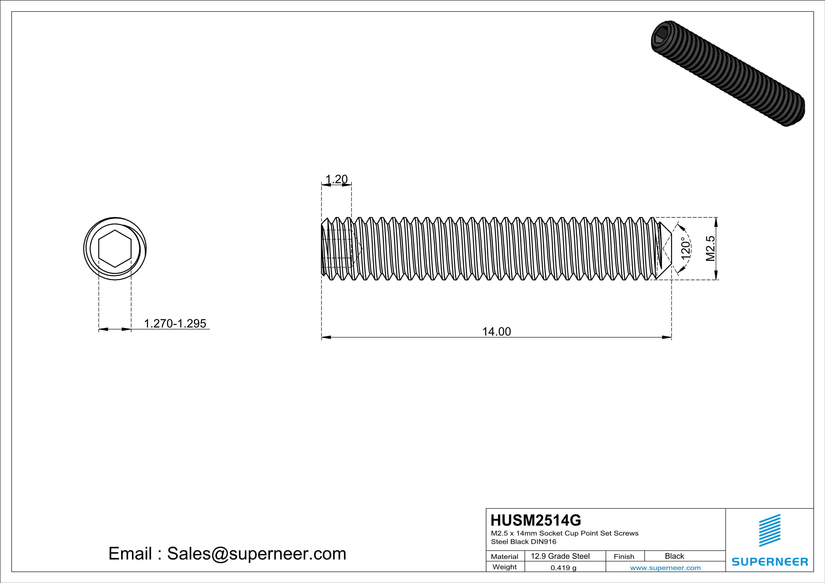 M2.5 x 14mm Socket Cup Point Set Screws 12.9 Carbon Steel Black DIN916