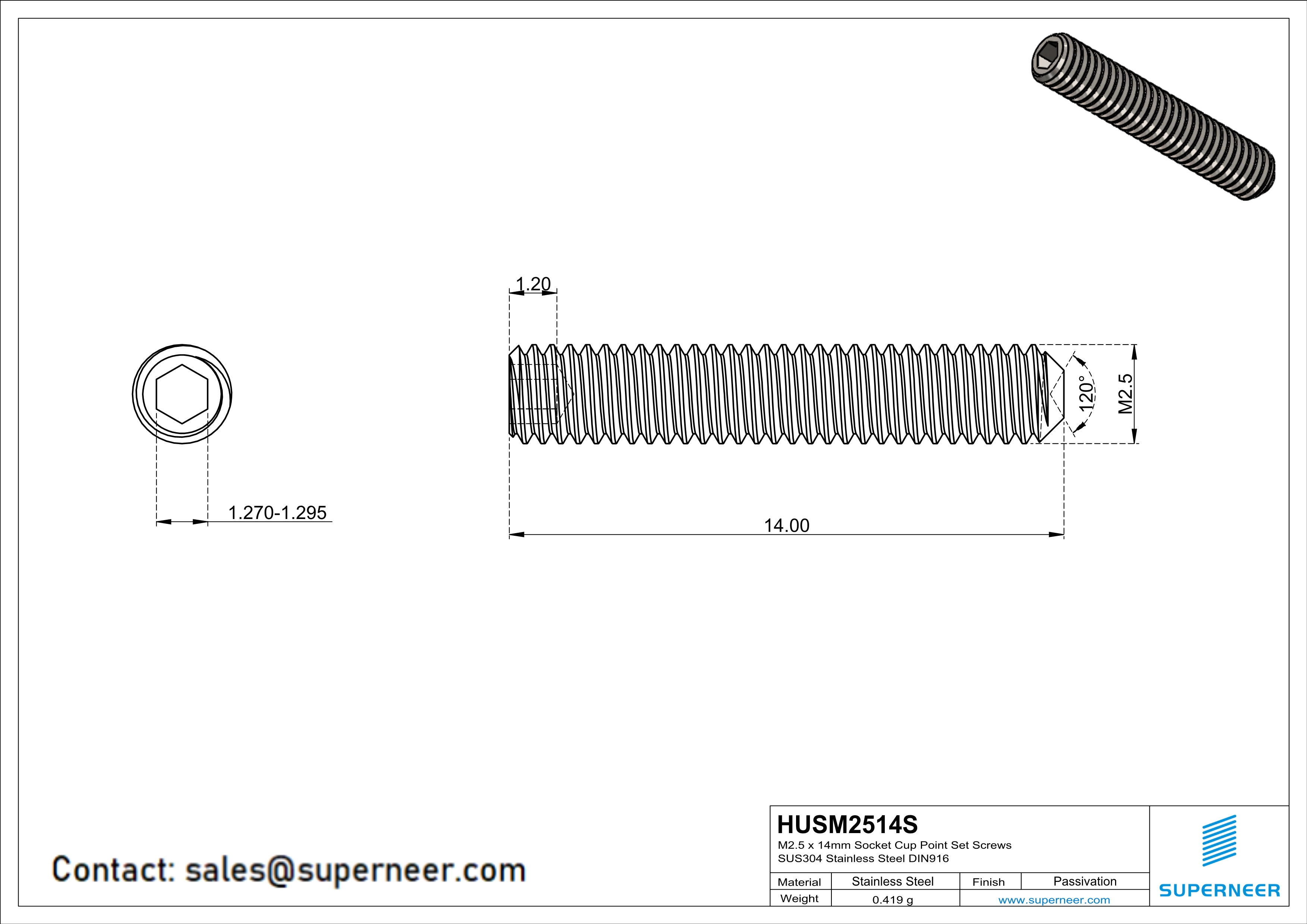 M2.5 x 14mm Socket Cup Point Set Screws SUS304 Stainless Steel Inox DIN916