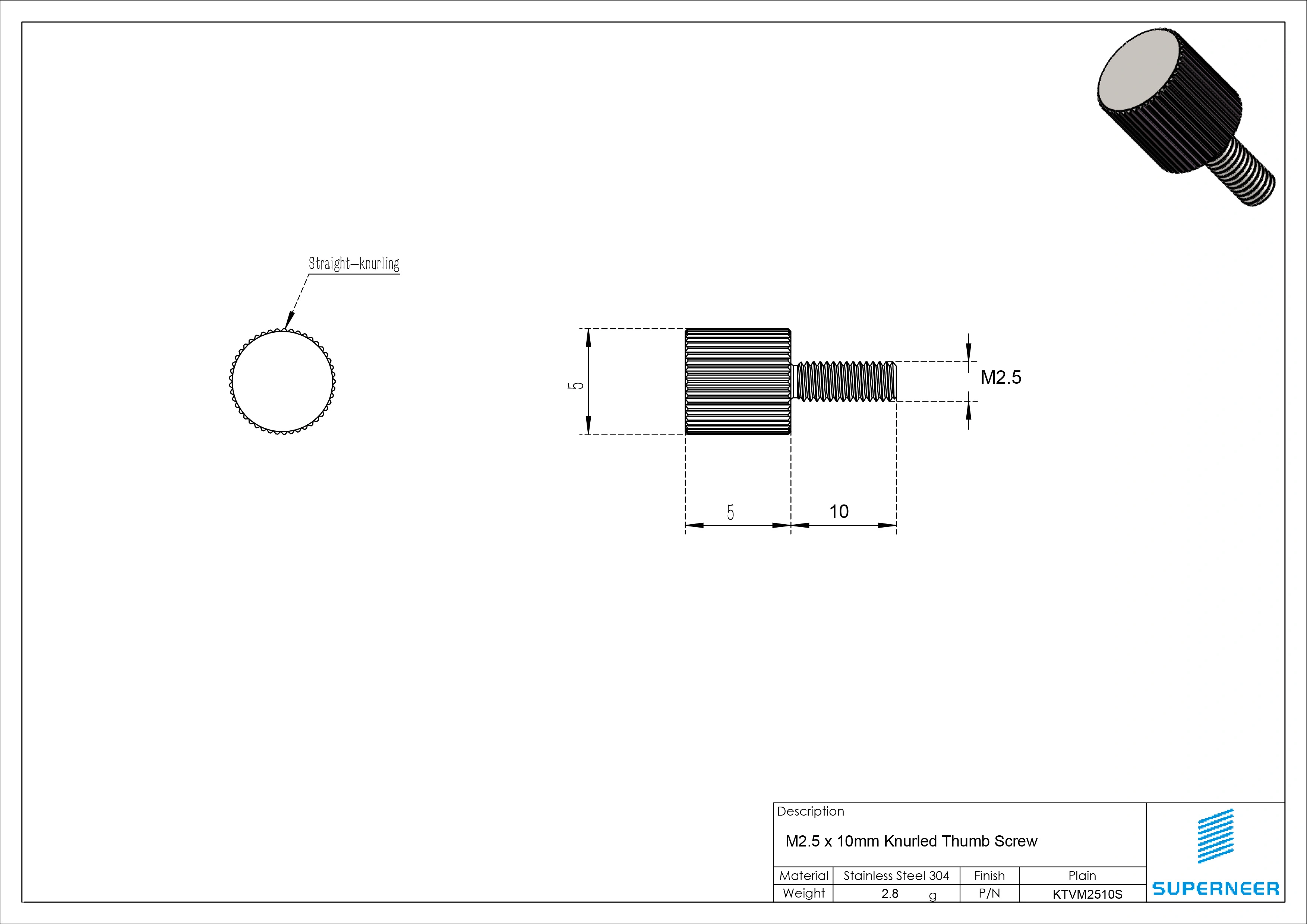 M2.5 x 10mm Knurled Thumb Screw Flat Head Vertical Knurled Knob Screws SUS304 Stainless Steel Inox