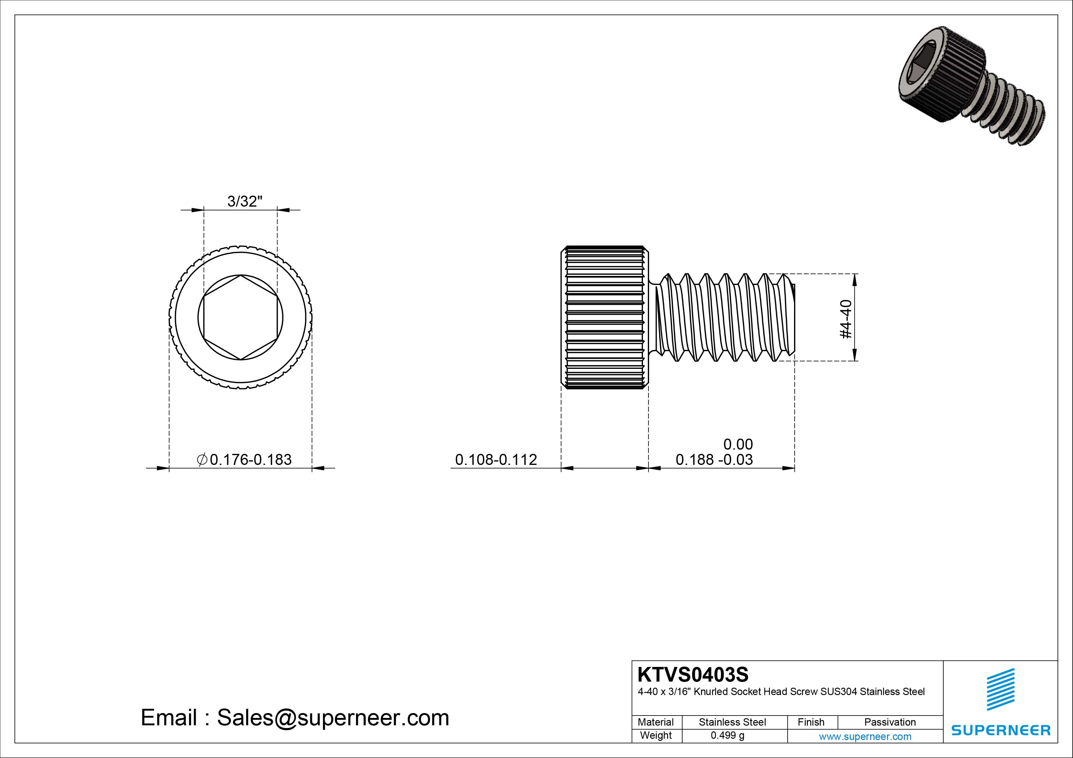 4-40 x 3/16" Knurled Socket Head Screw SUS304 Stainless Steel