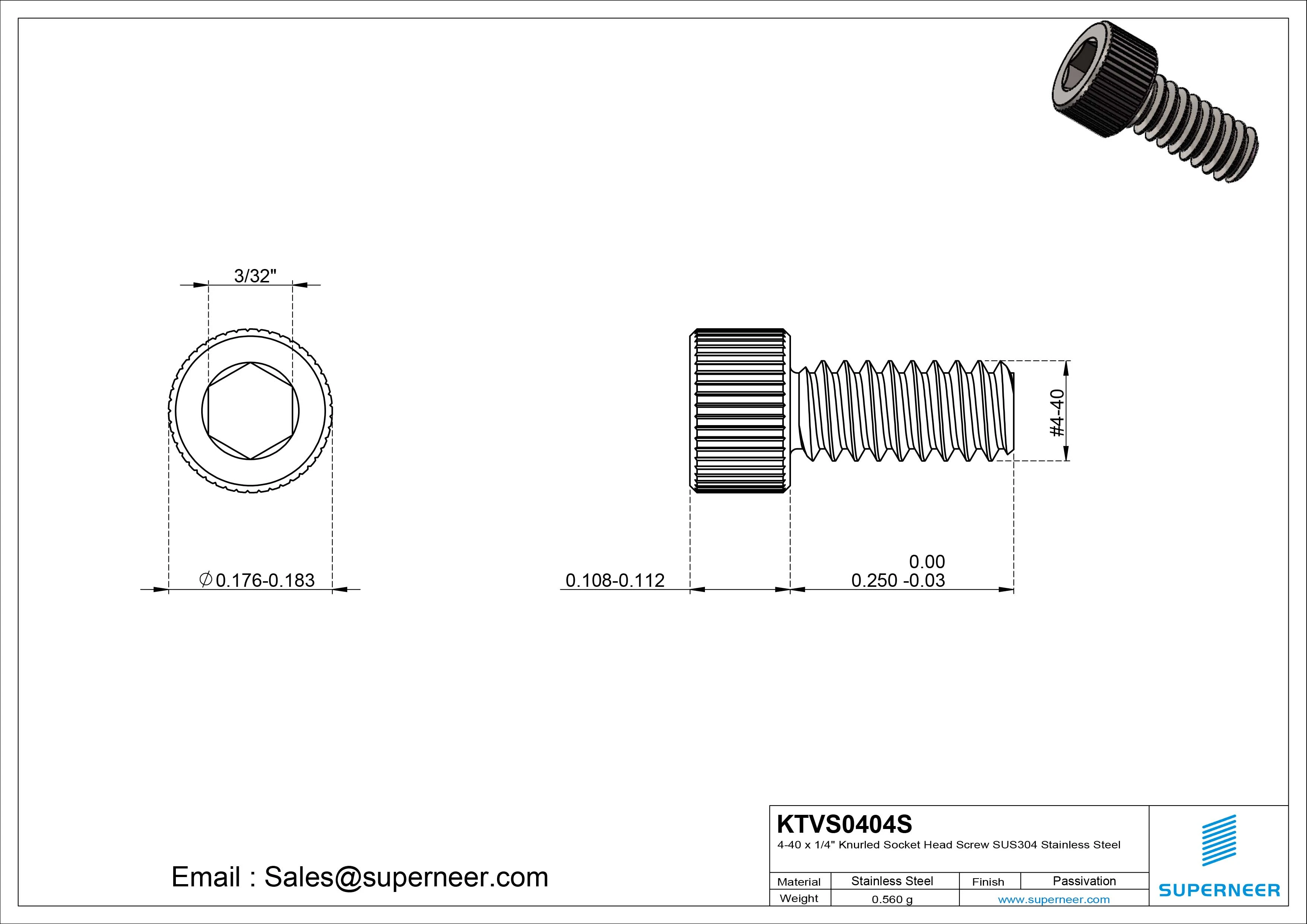 4-40 x 1/4" Knurled Socket Head Screw SUS304 Stainless Steel