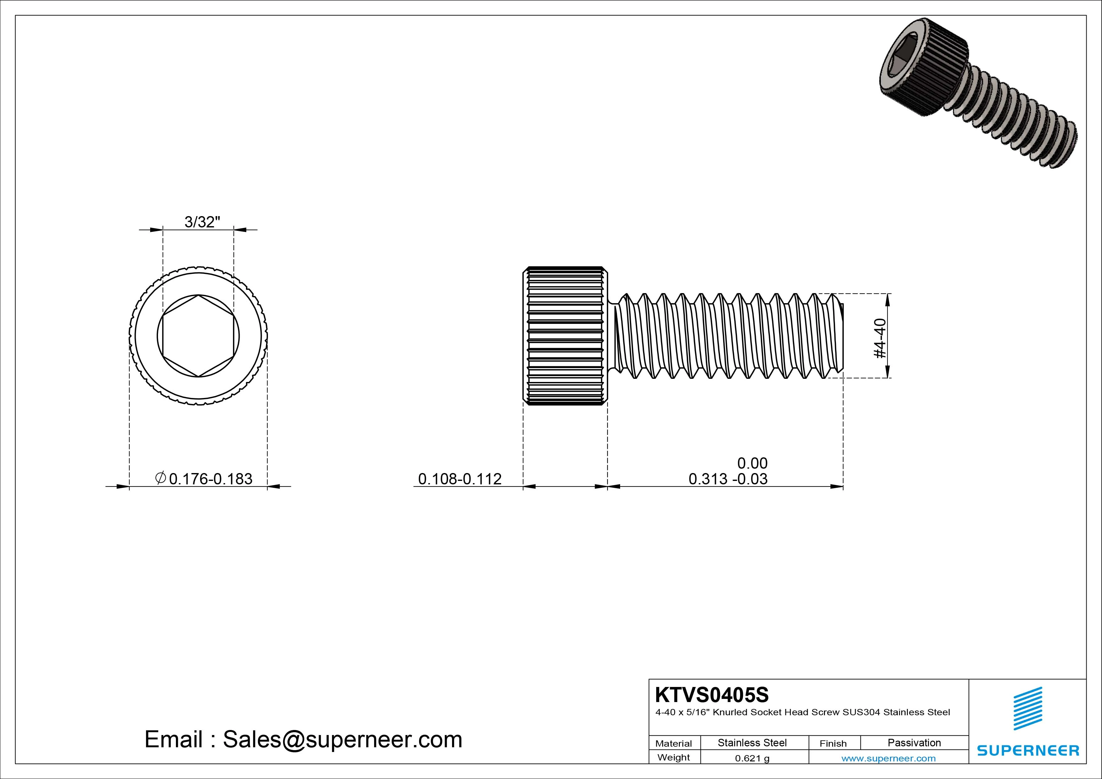 4-40 x 5/16" Knurled Socket Head Screw SUS304 Stainless Steel