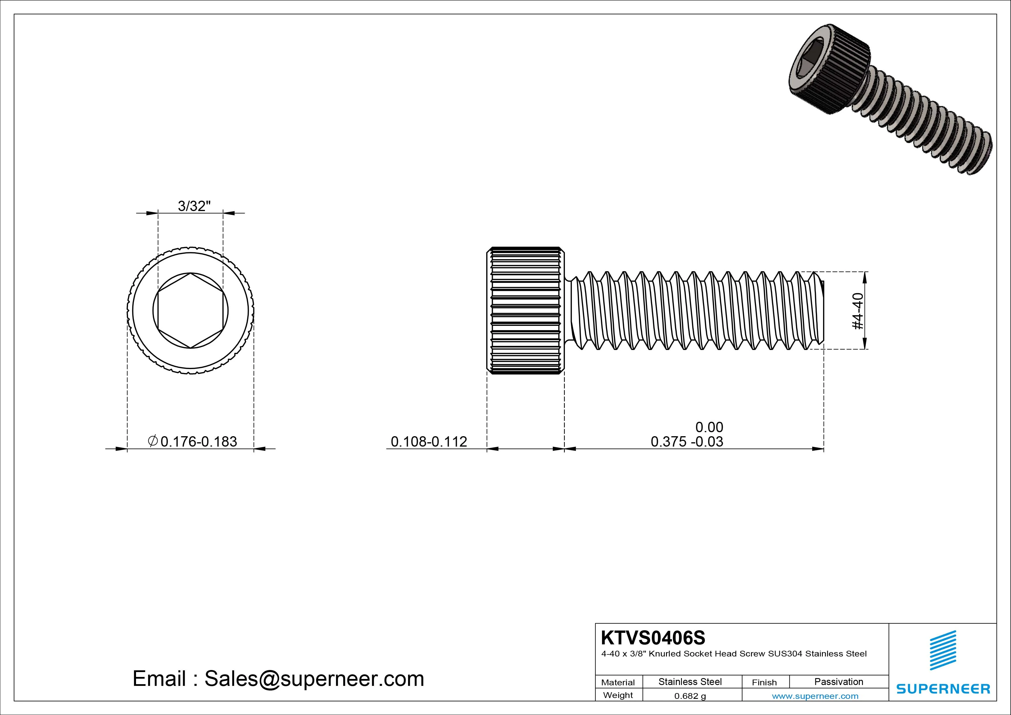 4-40 x 3/8" Knurled Socket Head Screw SUS304 Stainless Steel