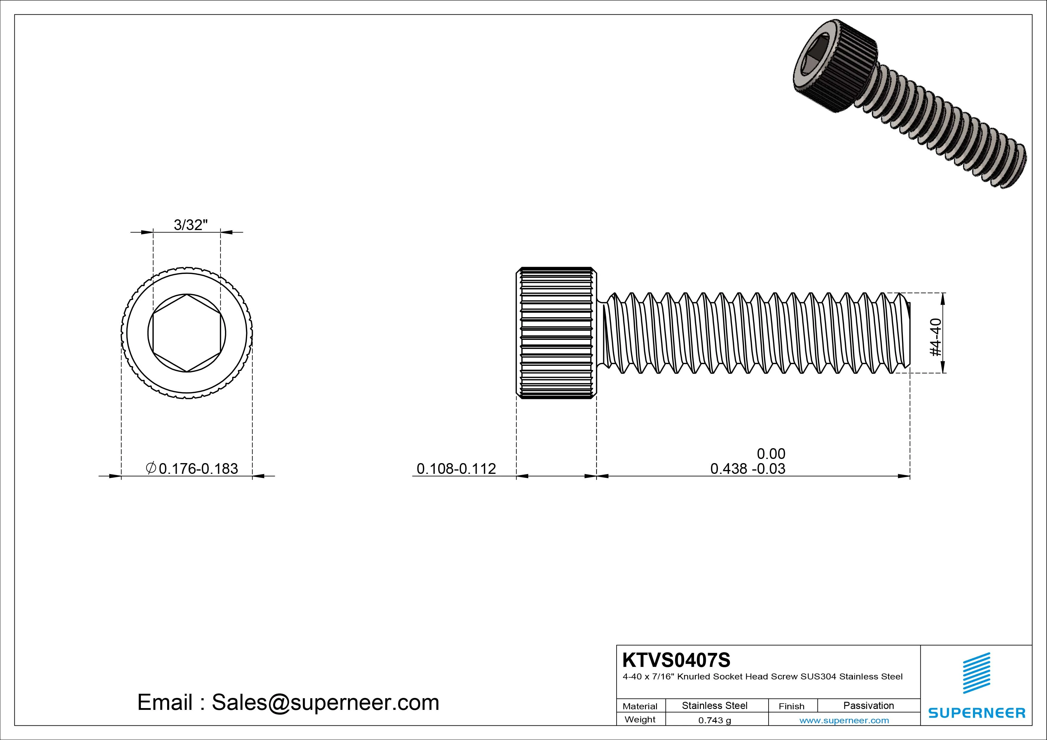 4-40 x 7/16" Knurled Socket Head Screw SUS304 Stainless Steel