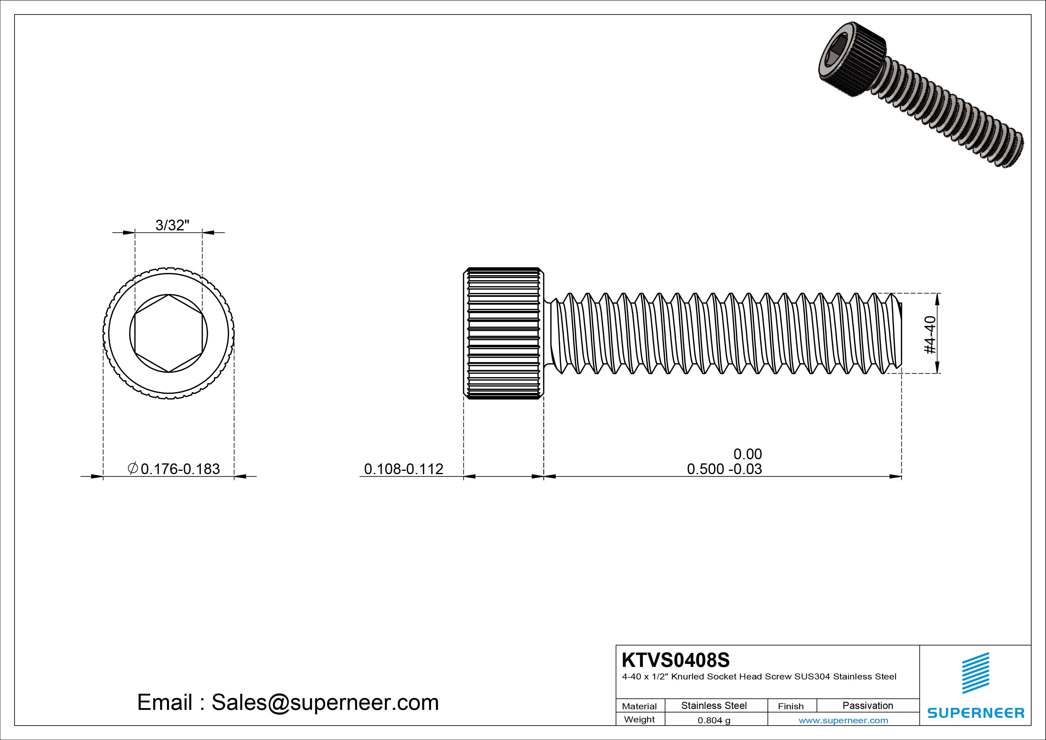 4-40 x 1/2" Knurled Socket Head Screw SUS304 Stainless Steel