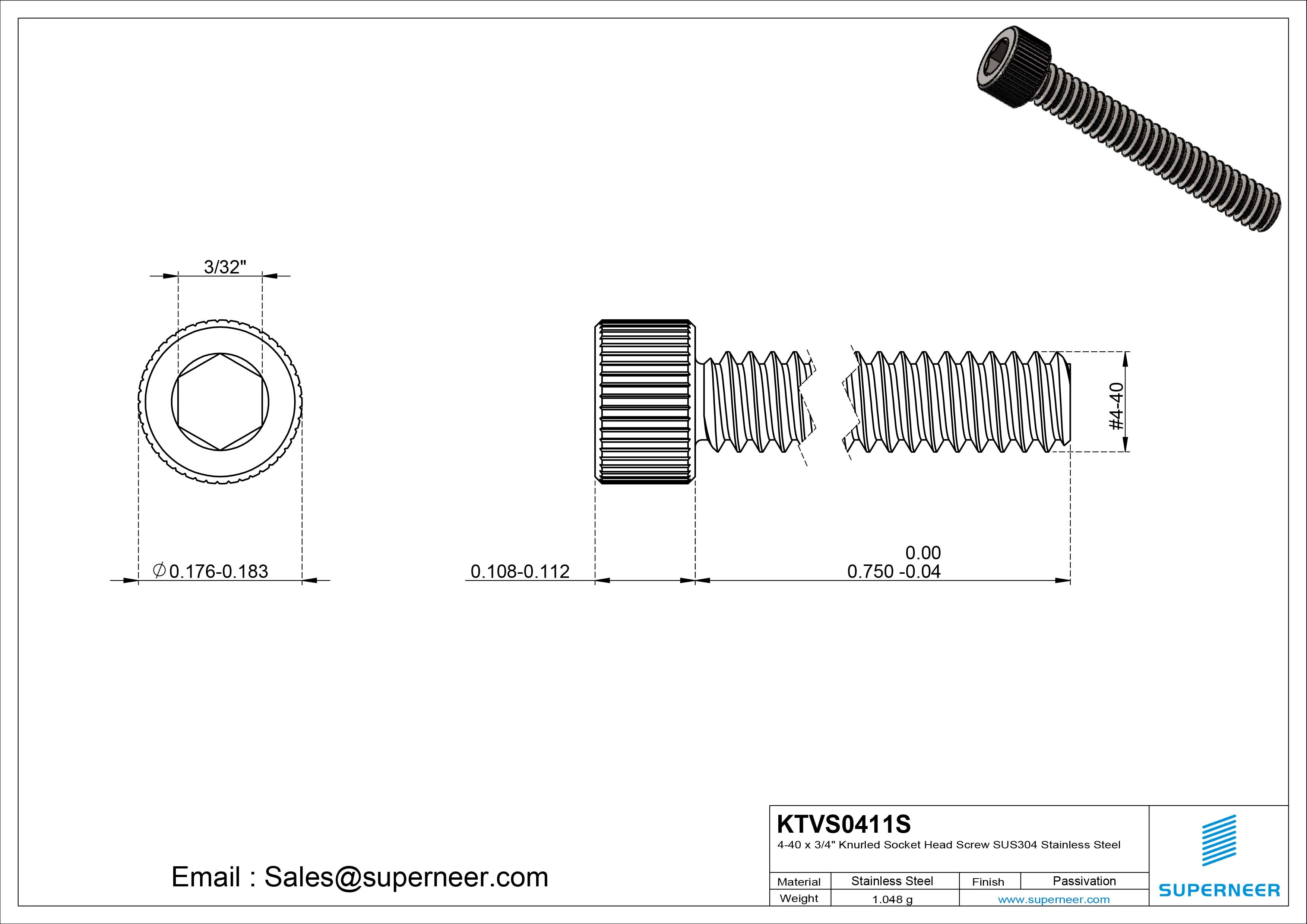 4-40 x 3/4" Knurled Socket Head Screw SUS304 Stainless Steel