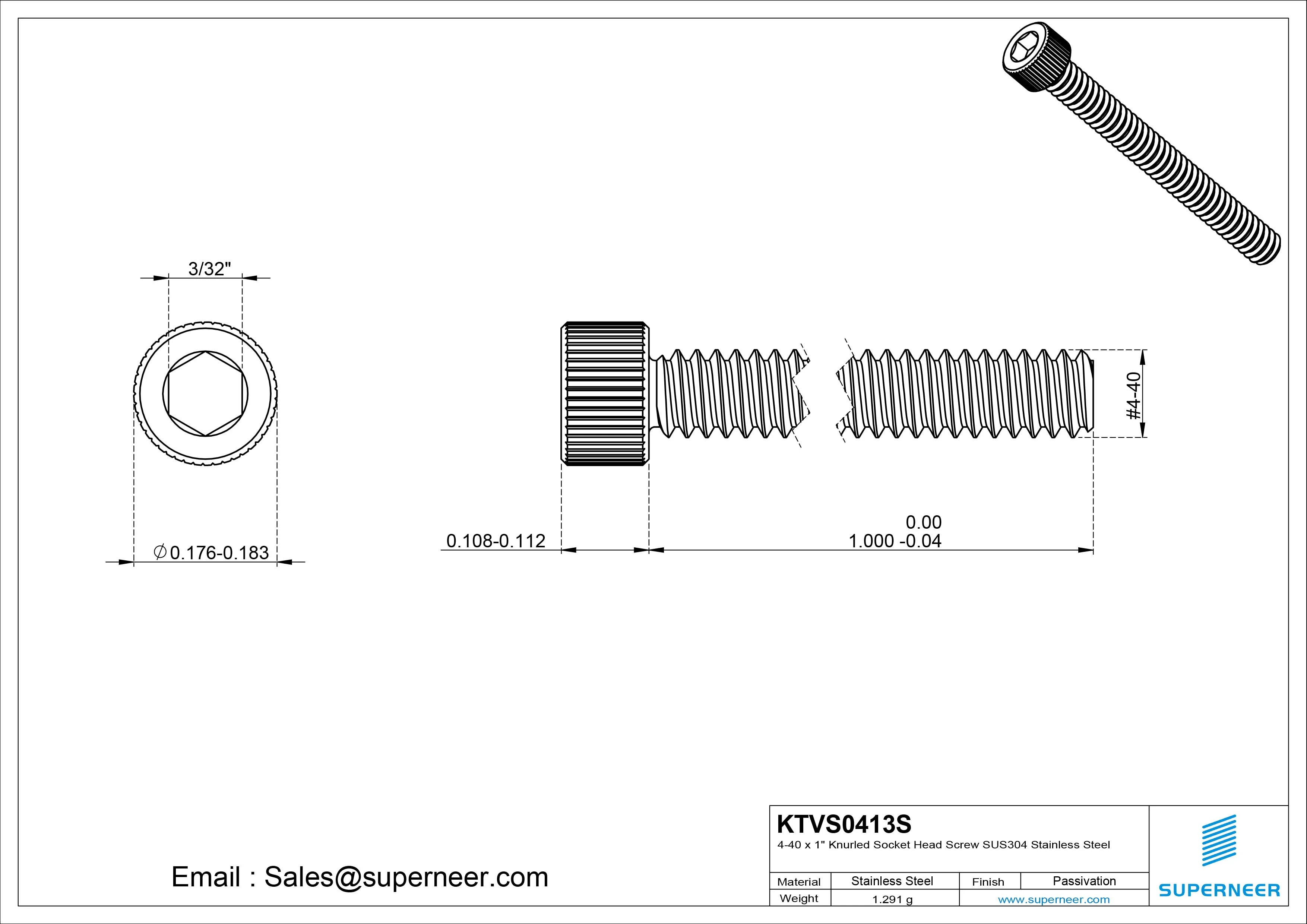 4-40 x 1" Knurled Socket Head Screw SUS304 Stainless Steel