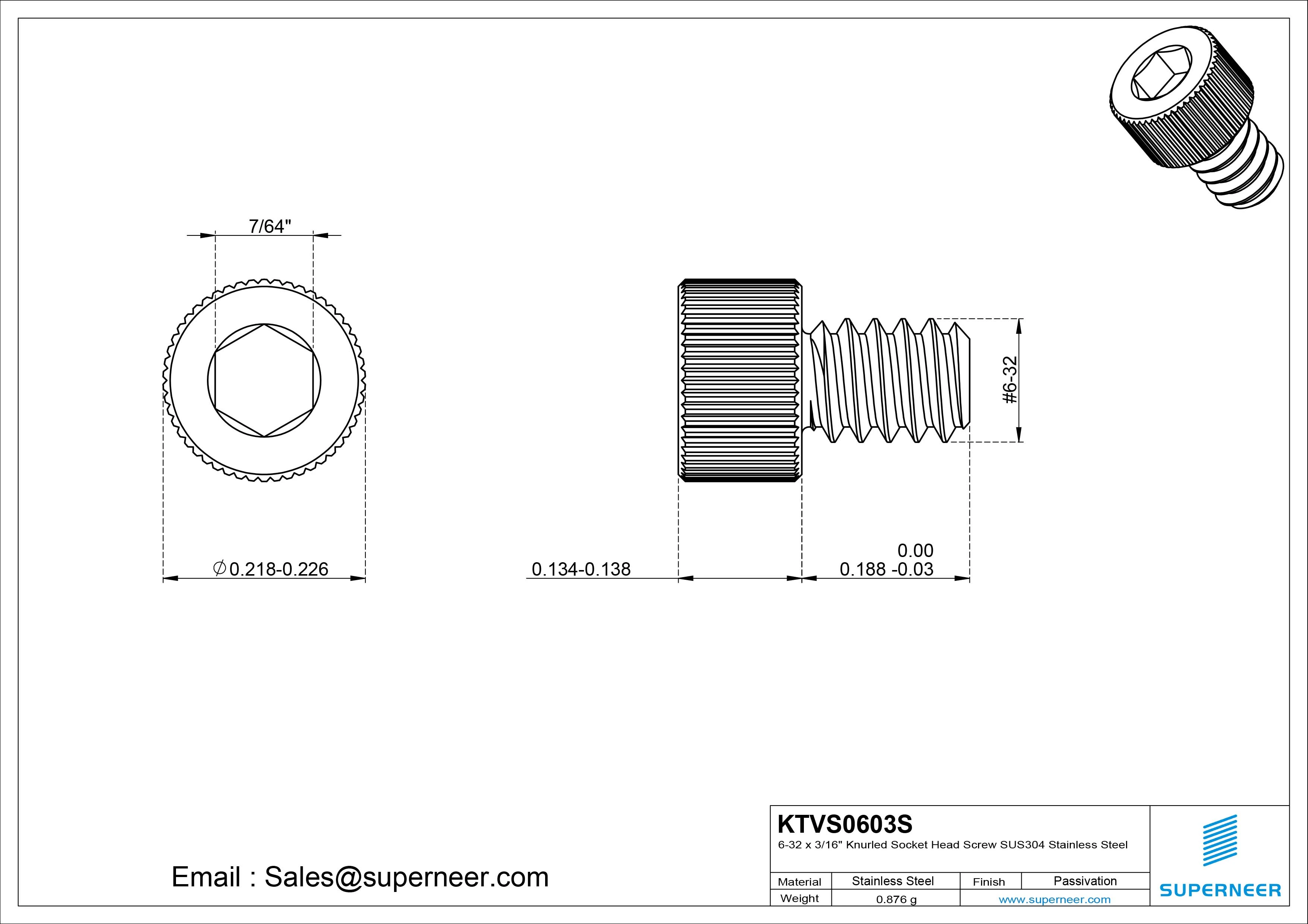 6-32 x 3/16" Knurled Socket Head Screw SUS304 Stainless Steel