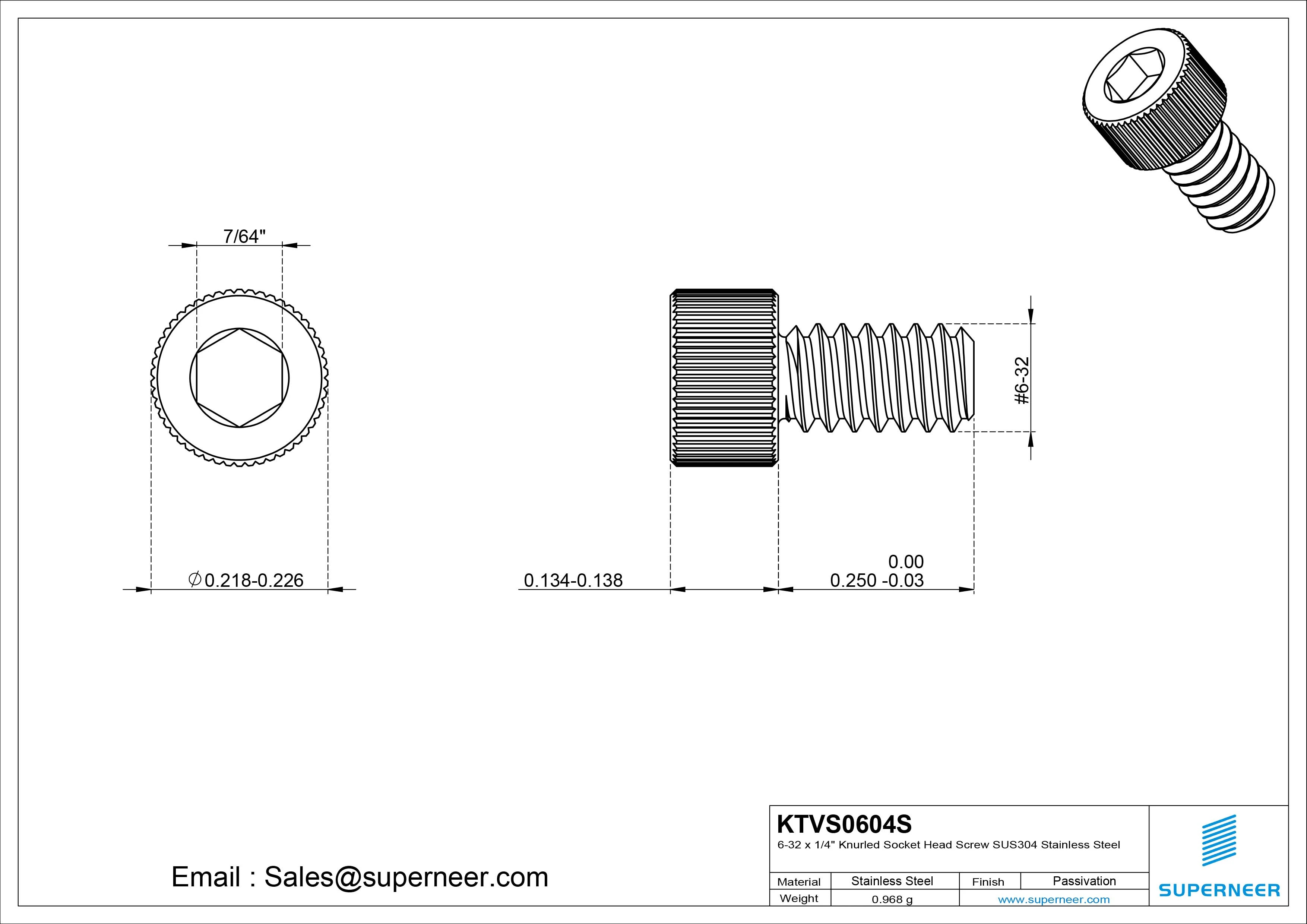 6-32 x 1/4" Knurled Socket Head Screw SUS304 Stainless Steel
