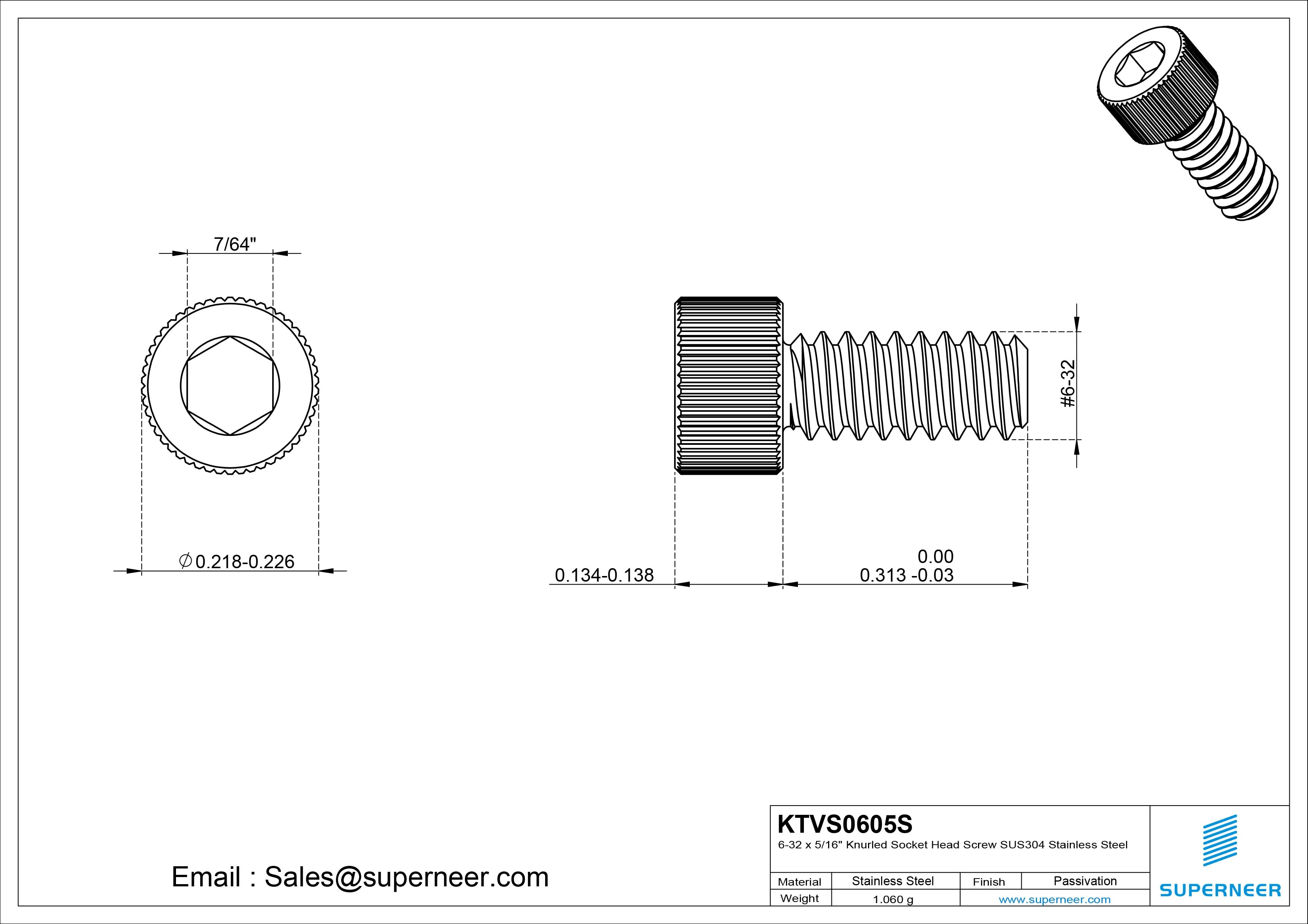 6-32 x 5/16" Knurled Socket Head Screw SUS304 Stainless Steel