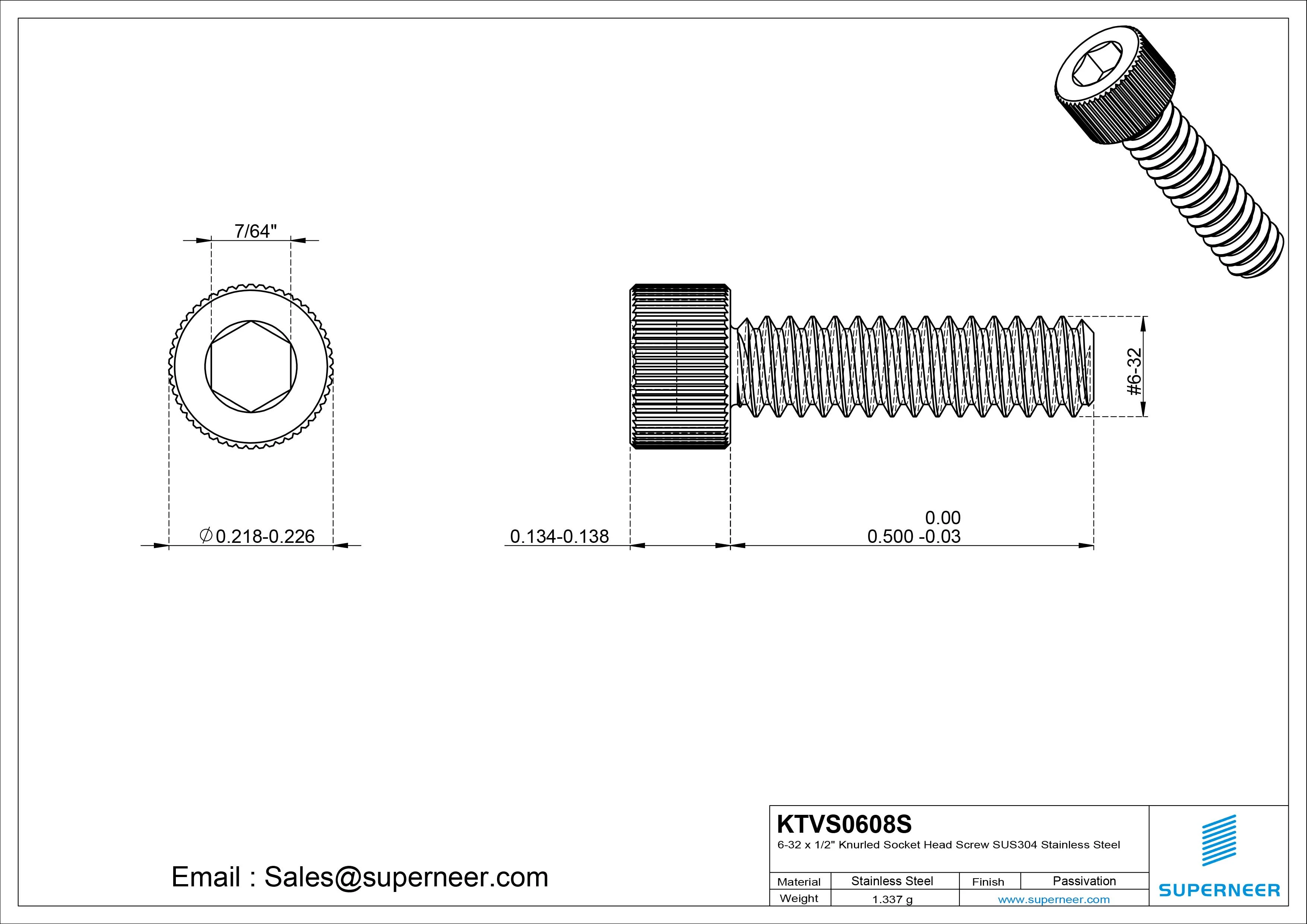 6-32 x 1/2" Knurled Socket Head Screw SUS304 Stainless Steel