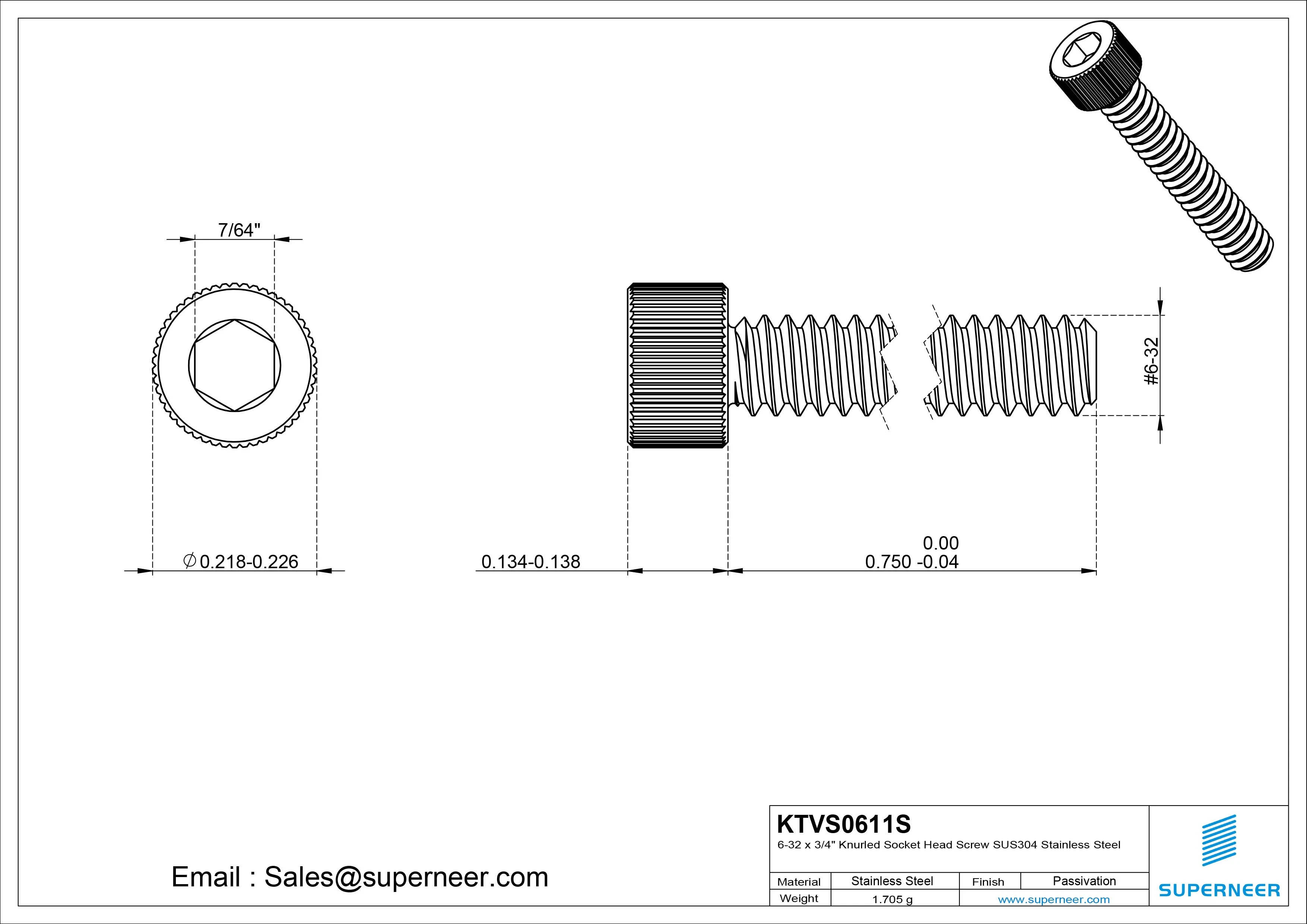 6-32 x 3/4" Knurled Socket Head Screw SUS304 Stainless Steel