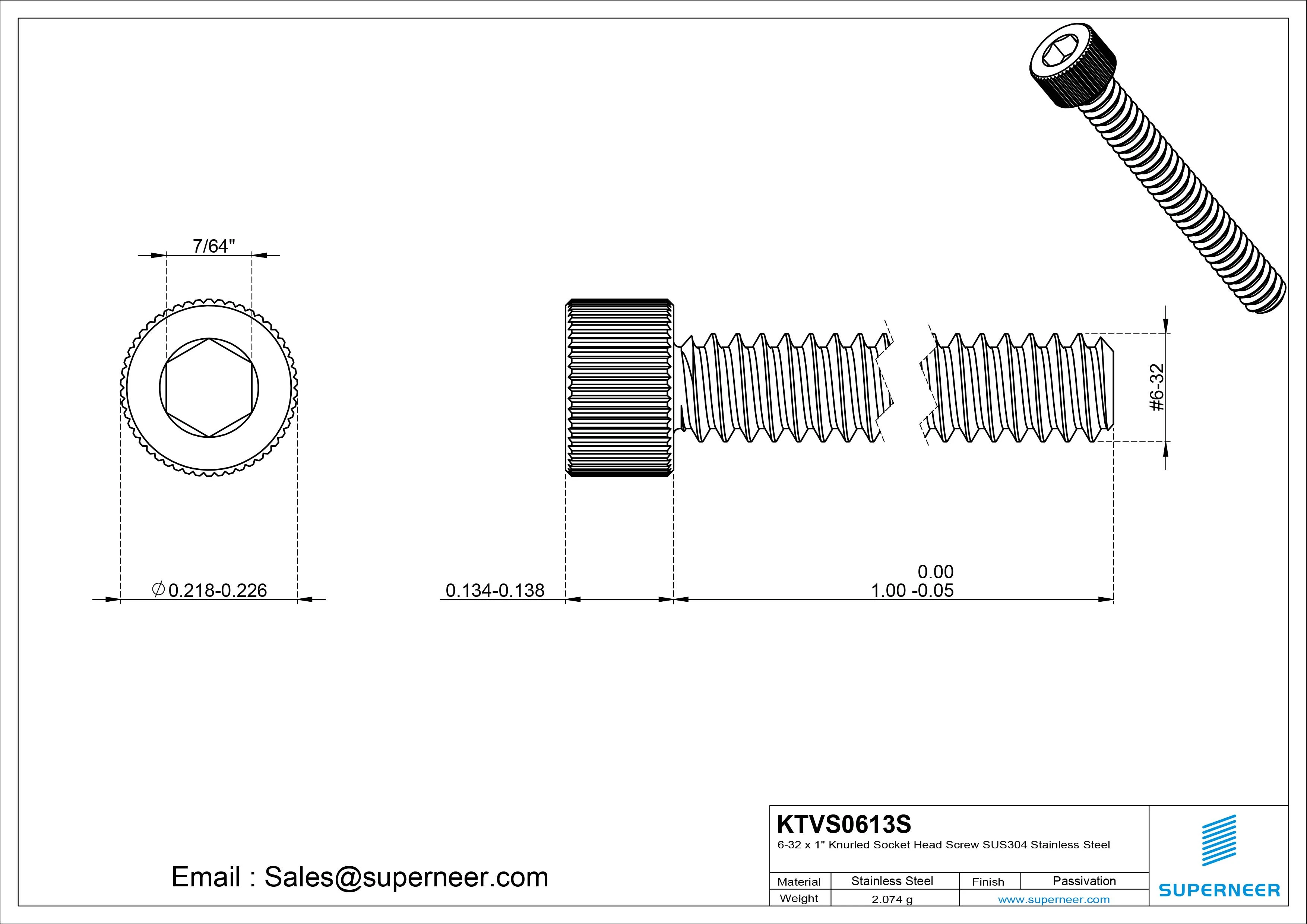 6-32 x 1" Knurled Socket Head Screw SUS304 Stainless Steel