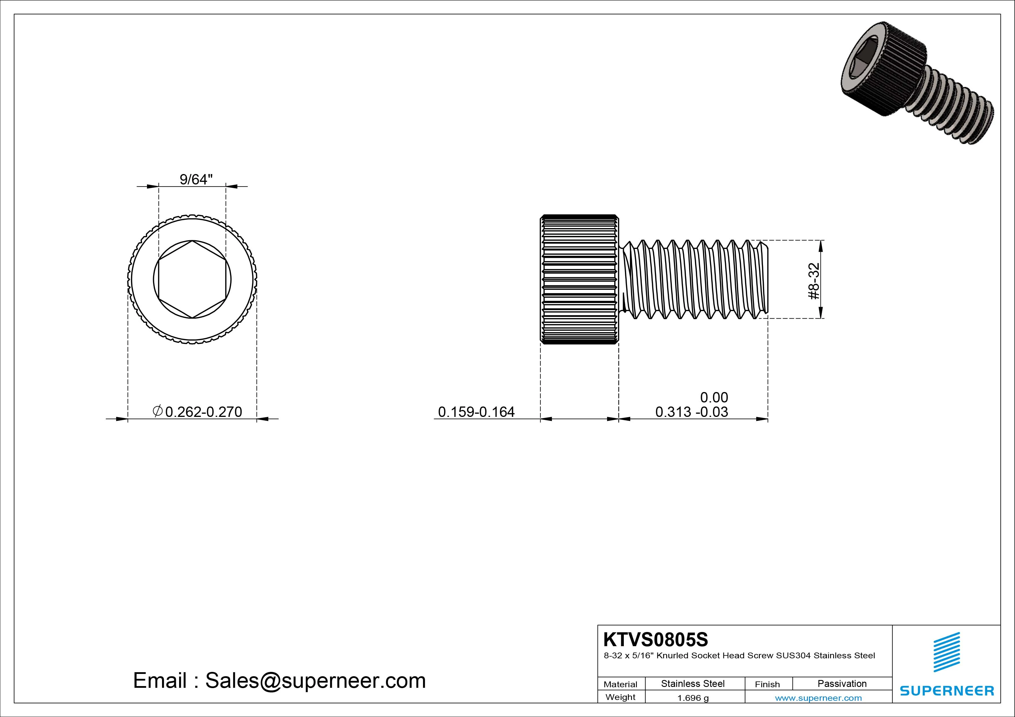 8-32 x 5/16" Knurled Socket Head Screw SUS304 Stainless Steel