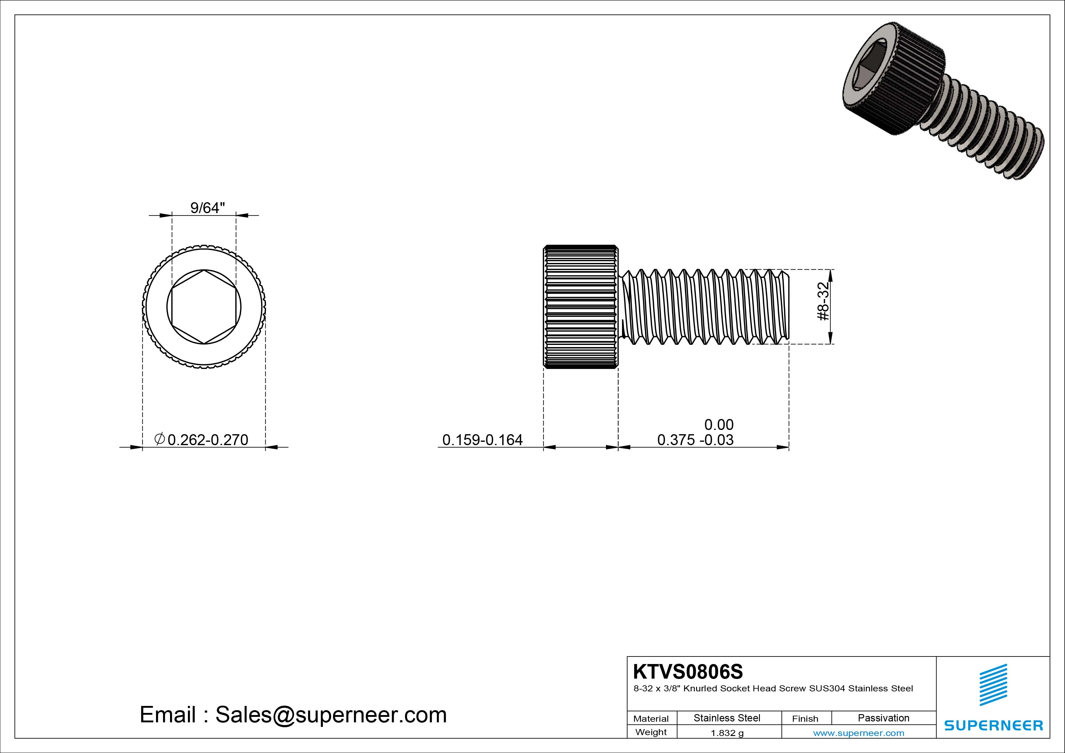 8-32 x 3/8" Knurled Socket Head Screw SUS304 Stainless Steel