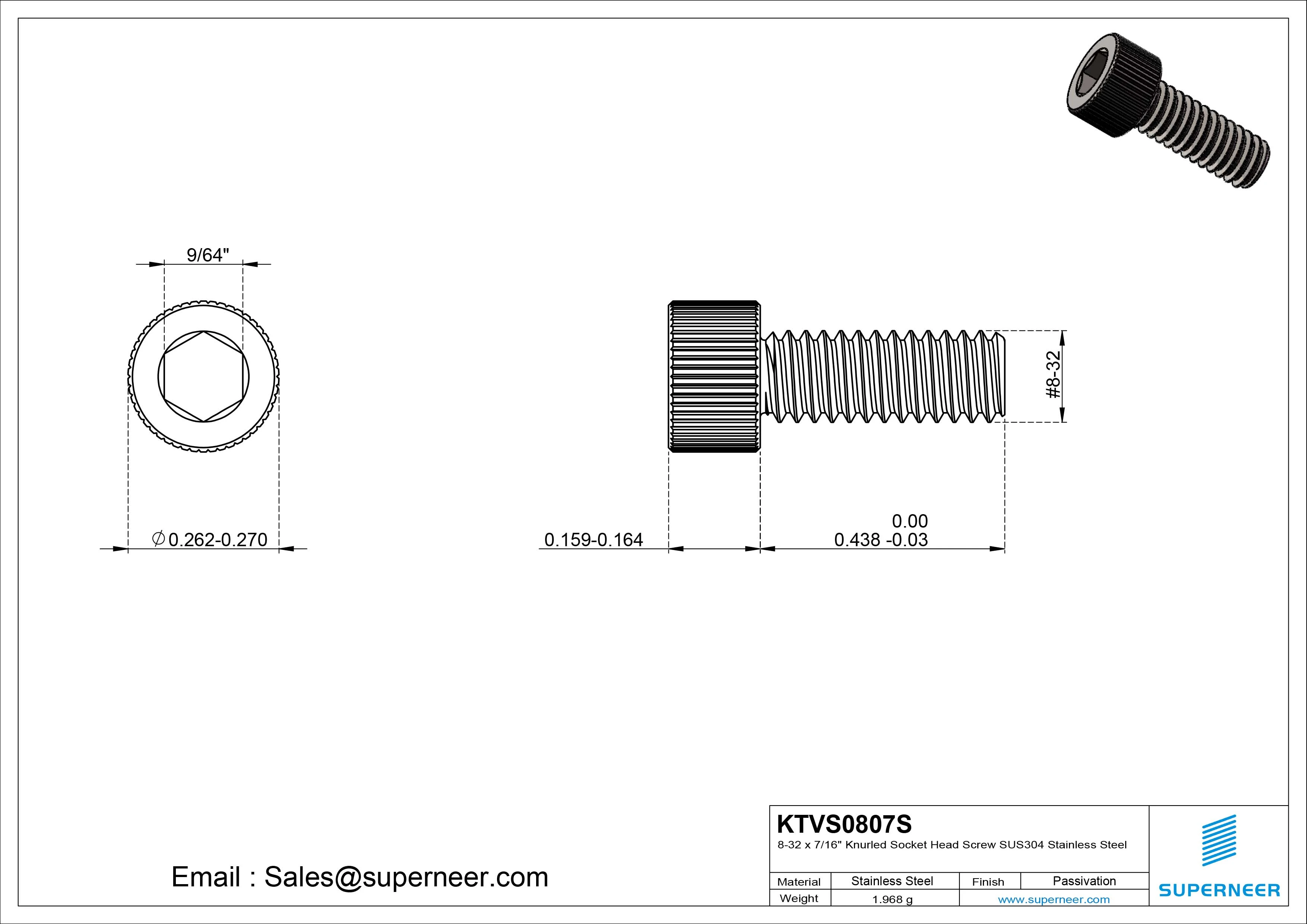 8-32 x 7/16" Knurled Socket Head Screw SUS304 Stainless Steel