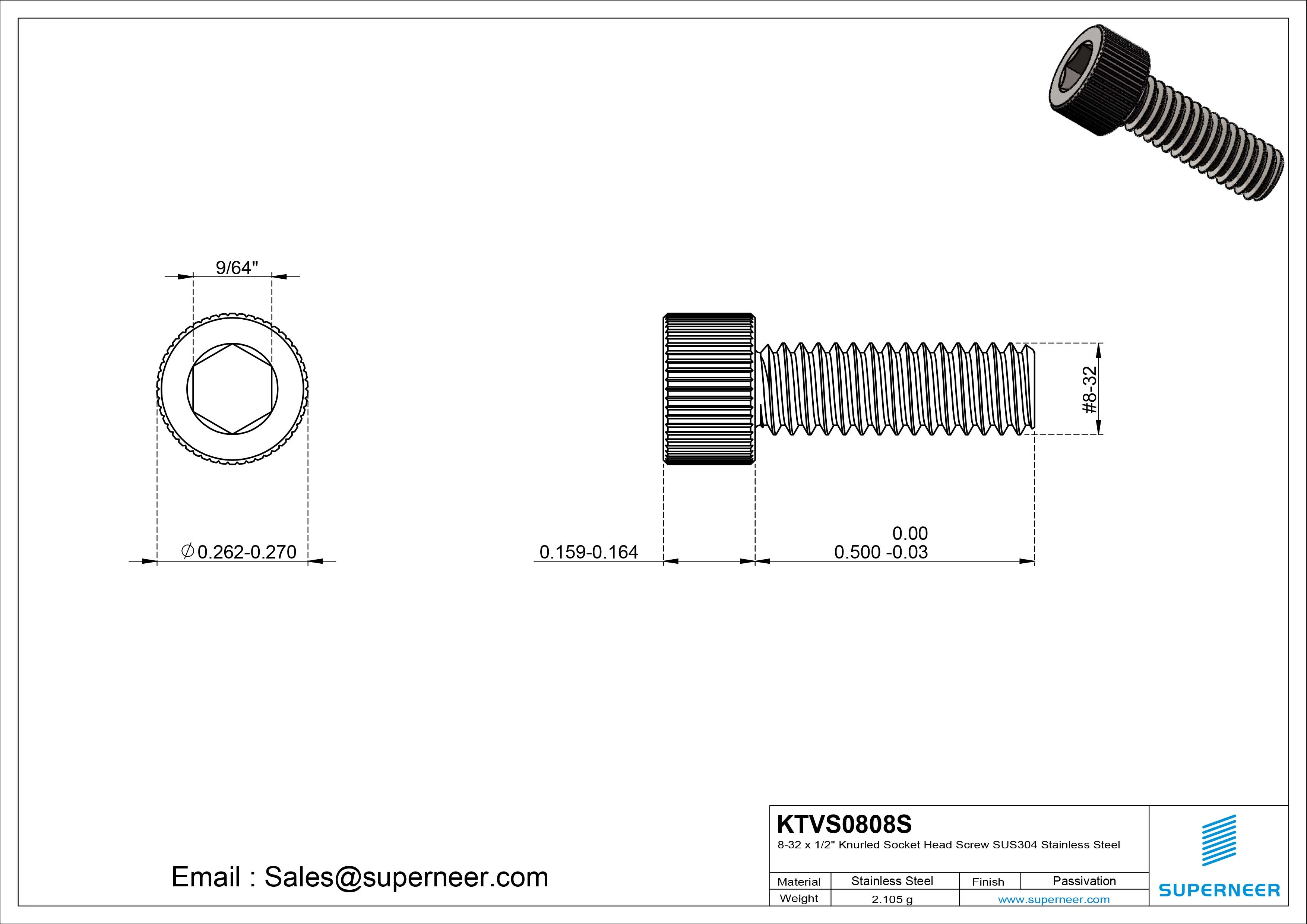8-32 x 1/2" Knurled Socket Head Screw SUS304 Stainless Steel