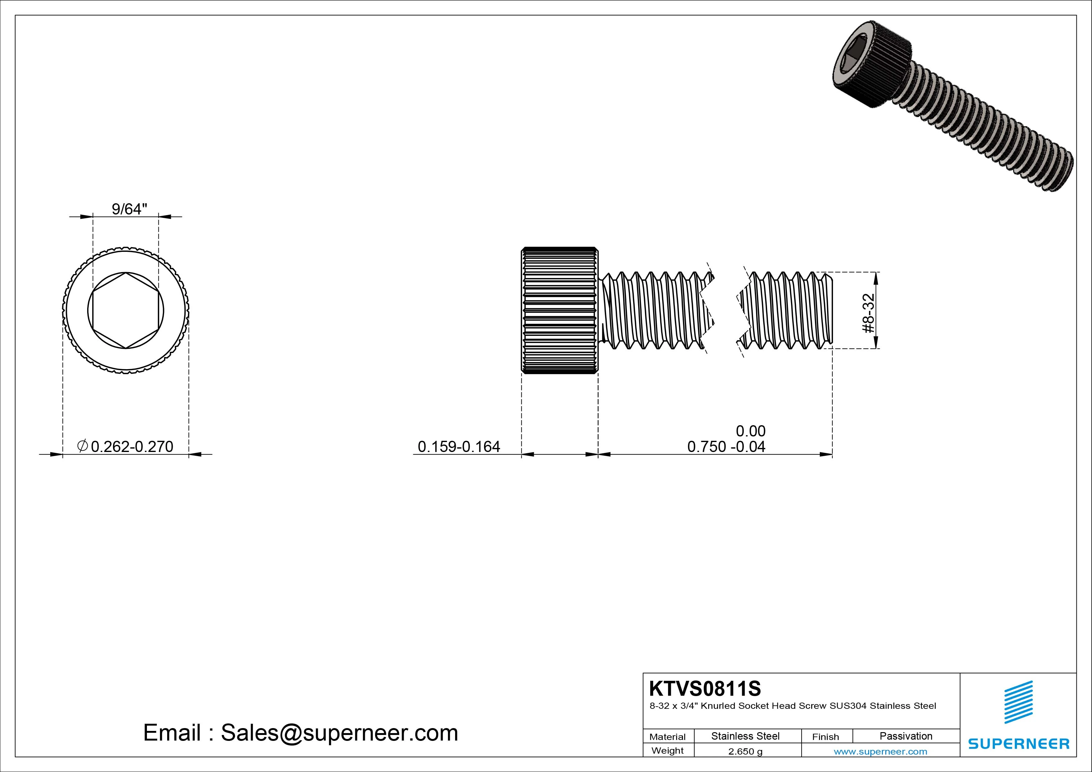 8-32 x 3/4" Knurled Socket Head Screw SUS304 Stainless Steel