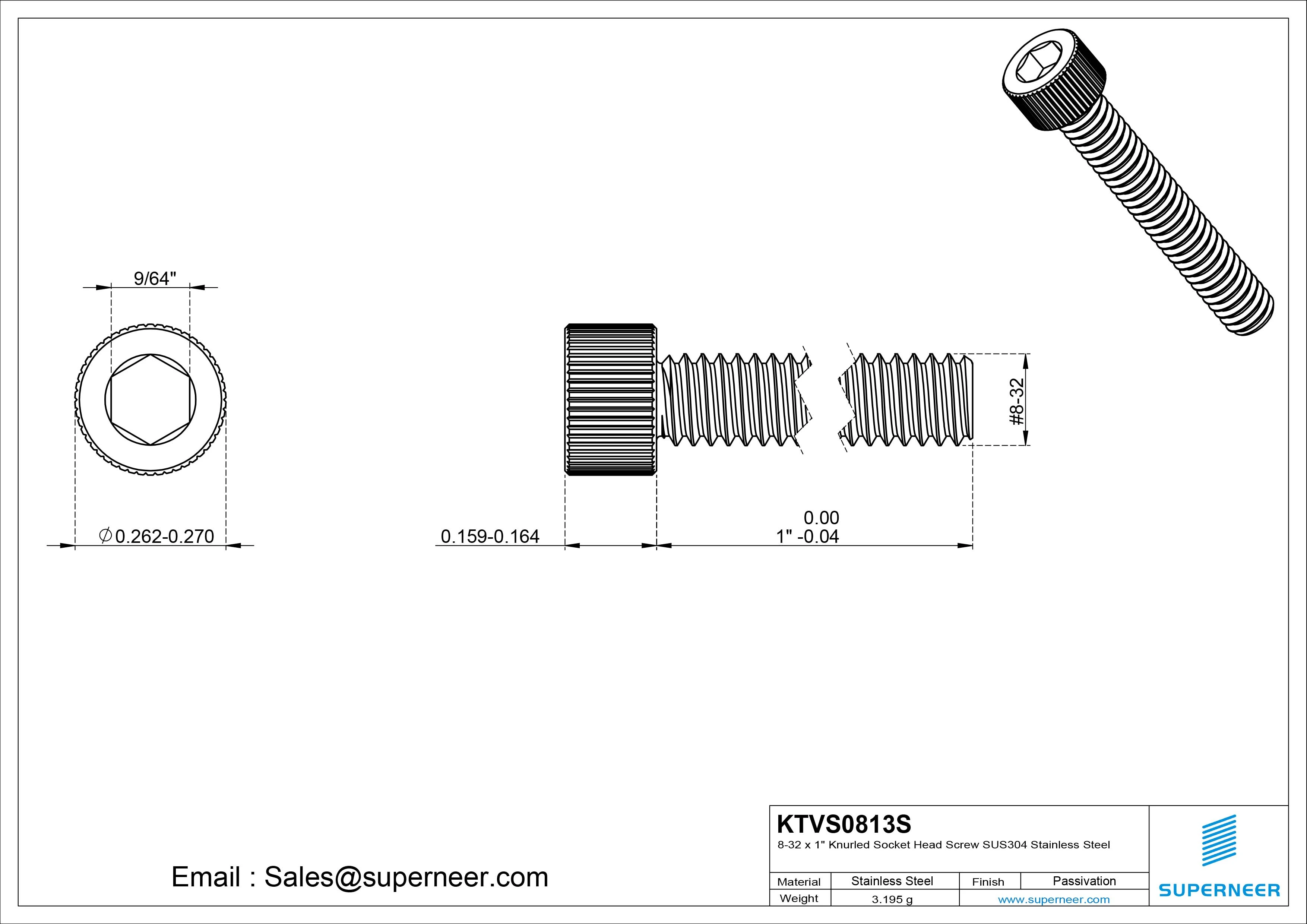 8-32 x 1" Knurled Socket Head Screw SUS304 Stainless Steel