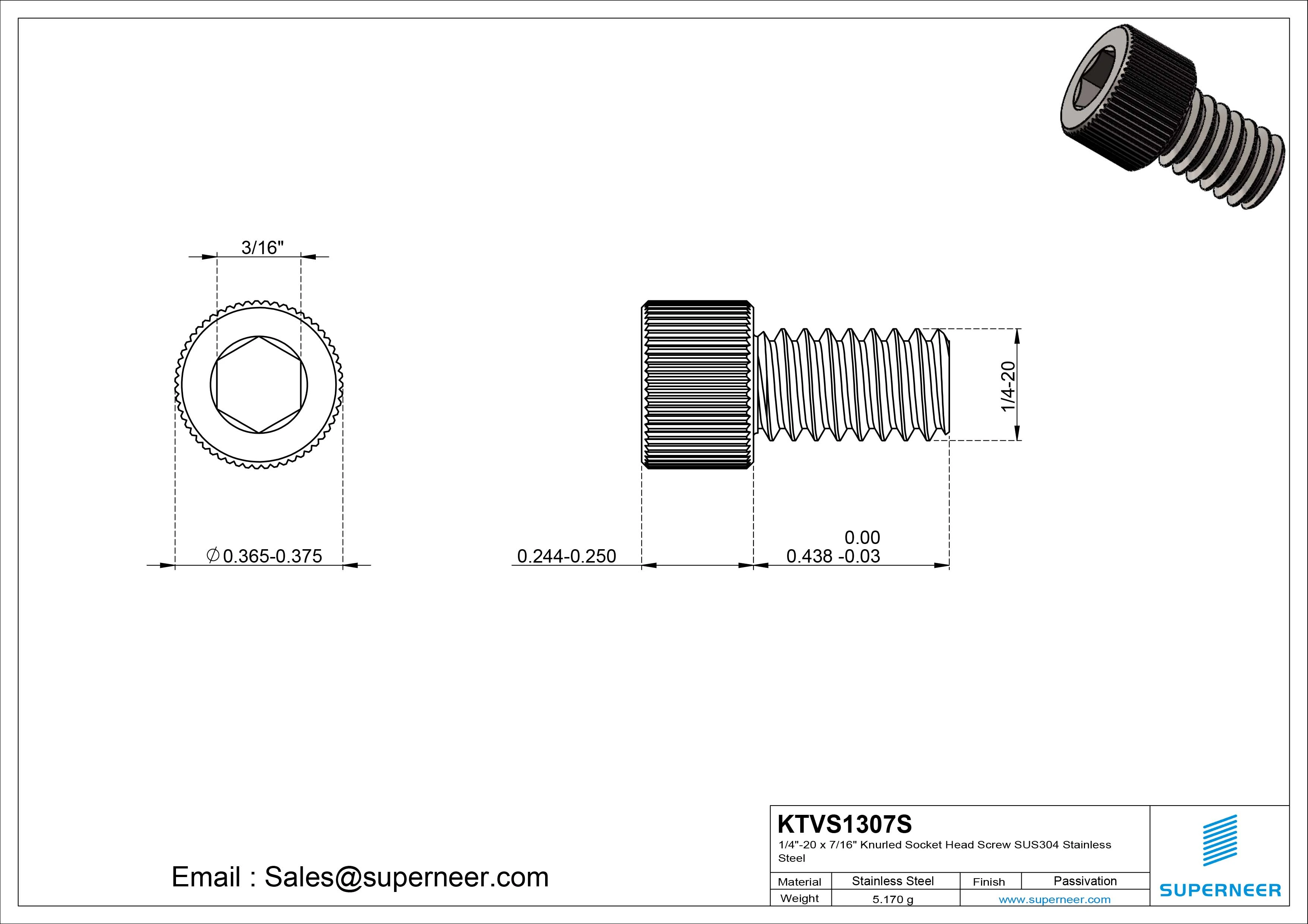 1/4"-20 x 7/16" Knurled Socket Head Screw SUS304 Stainless Steel