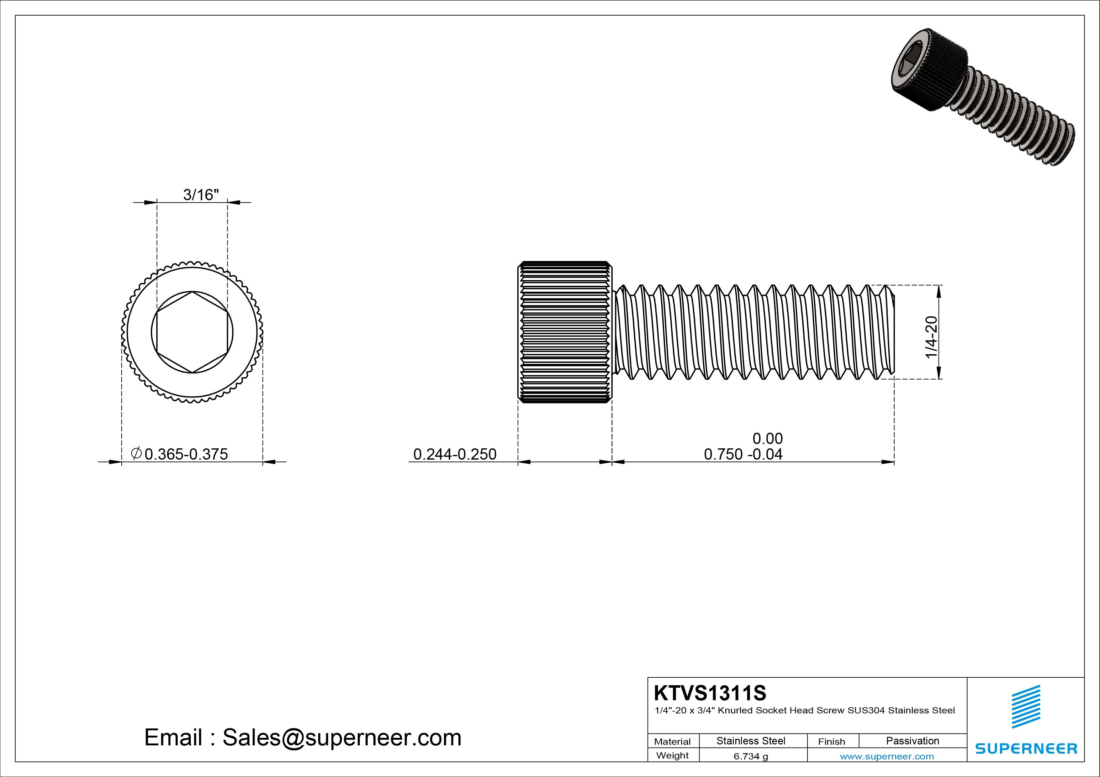 1/4"-20 x 3/4" Knurled Socket Head Screw SUS304 Stainless Steel