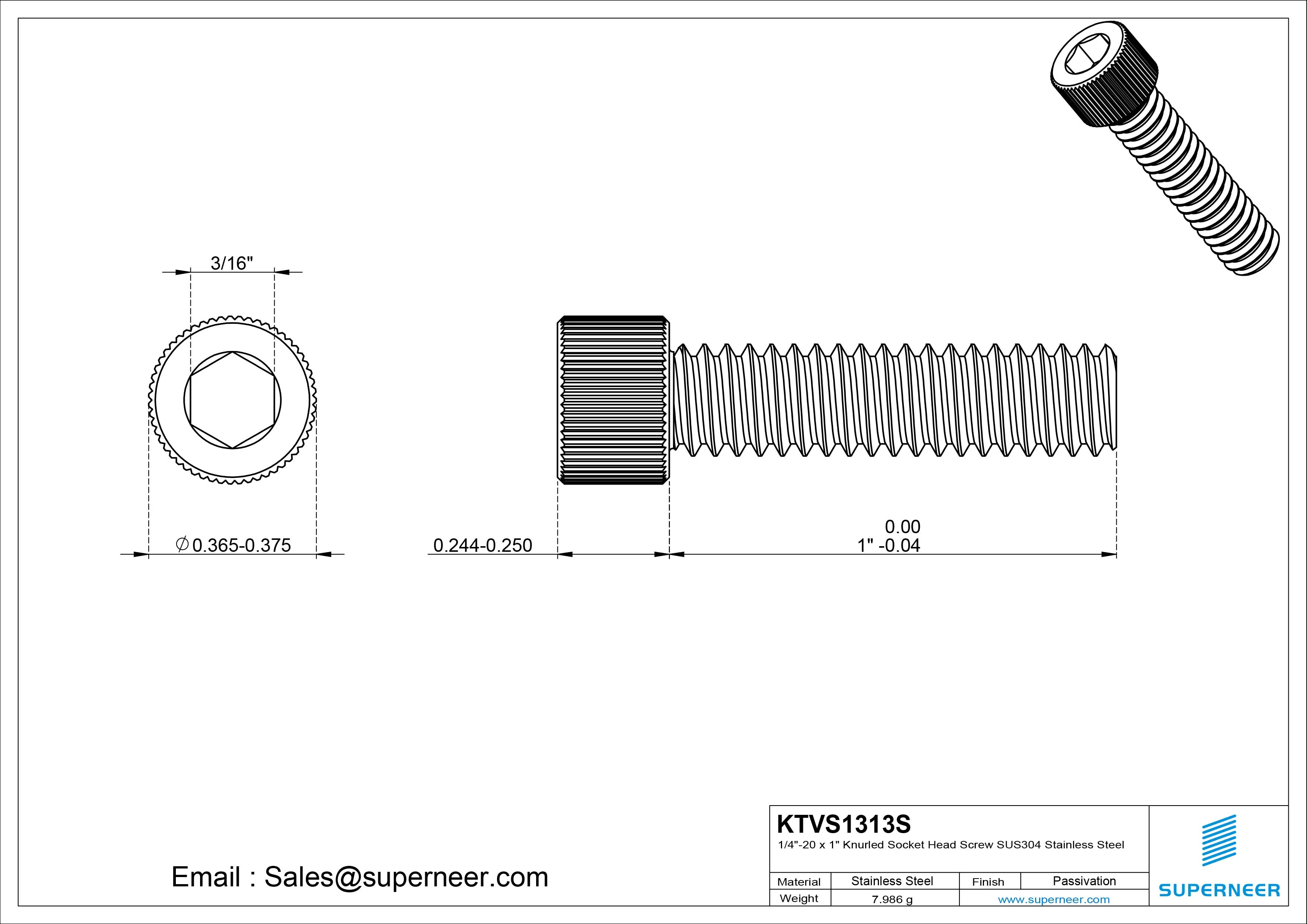 1/4"-20 x 1" Knurled Socket Head Screw SUS304 Stainless Steel