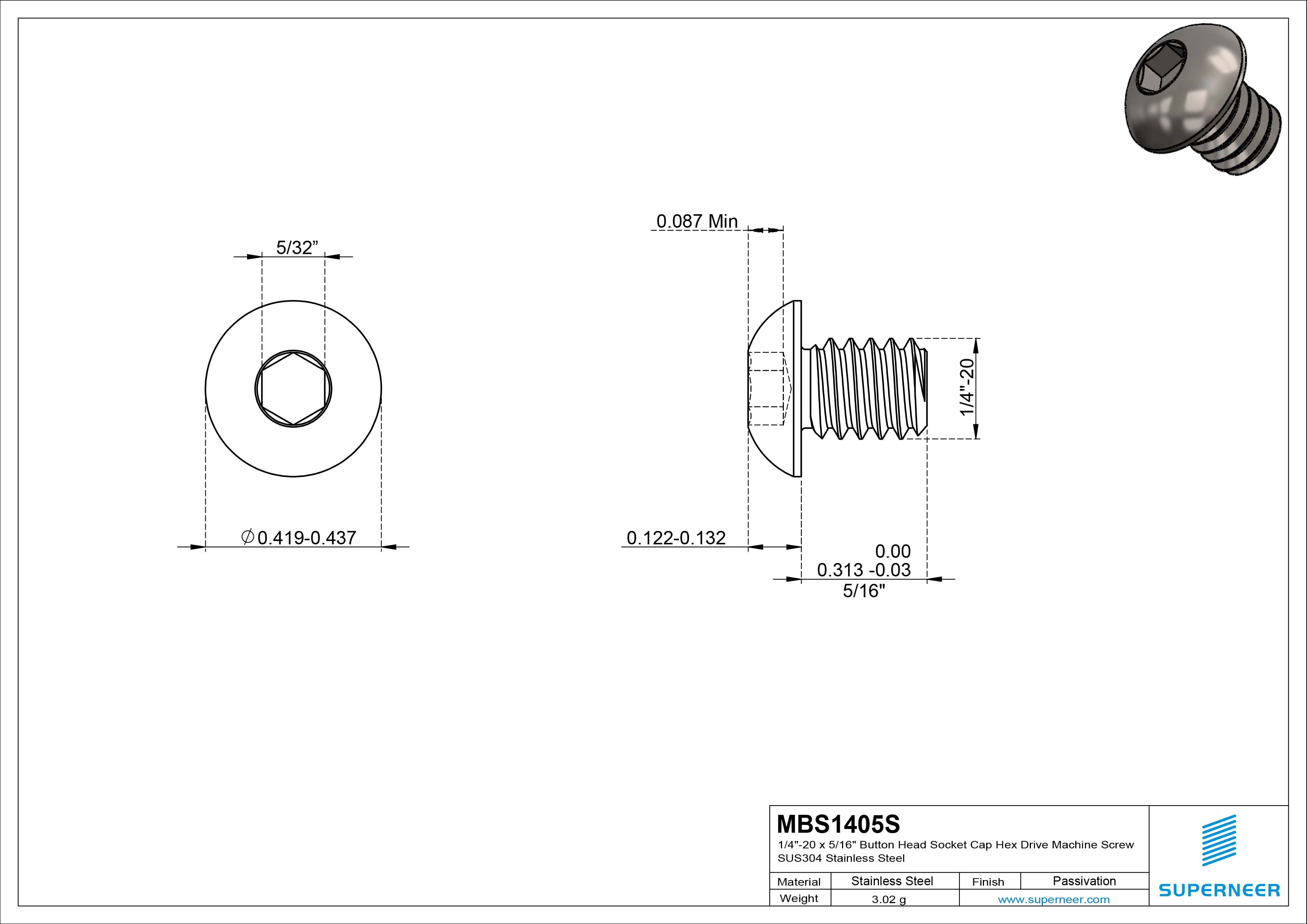 1/4"-20 x 5/16" Button Head Socket Cap Hex Drive Machine Screw SUS304 Stainless Steel
