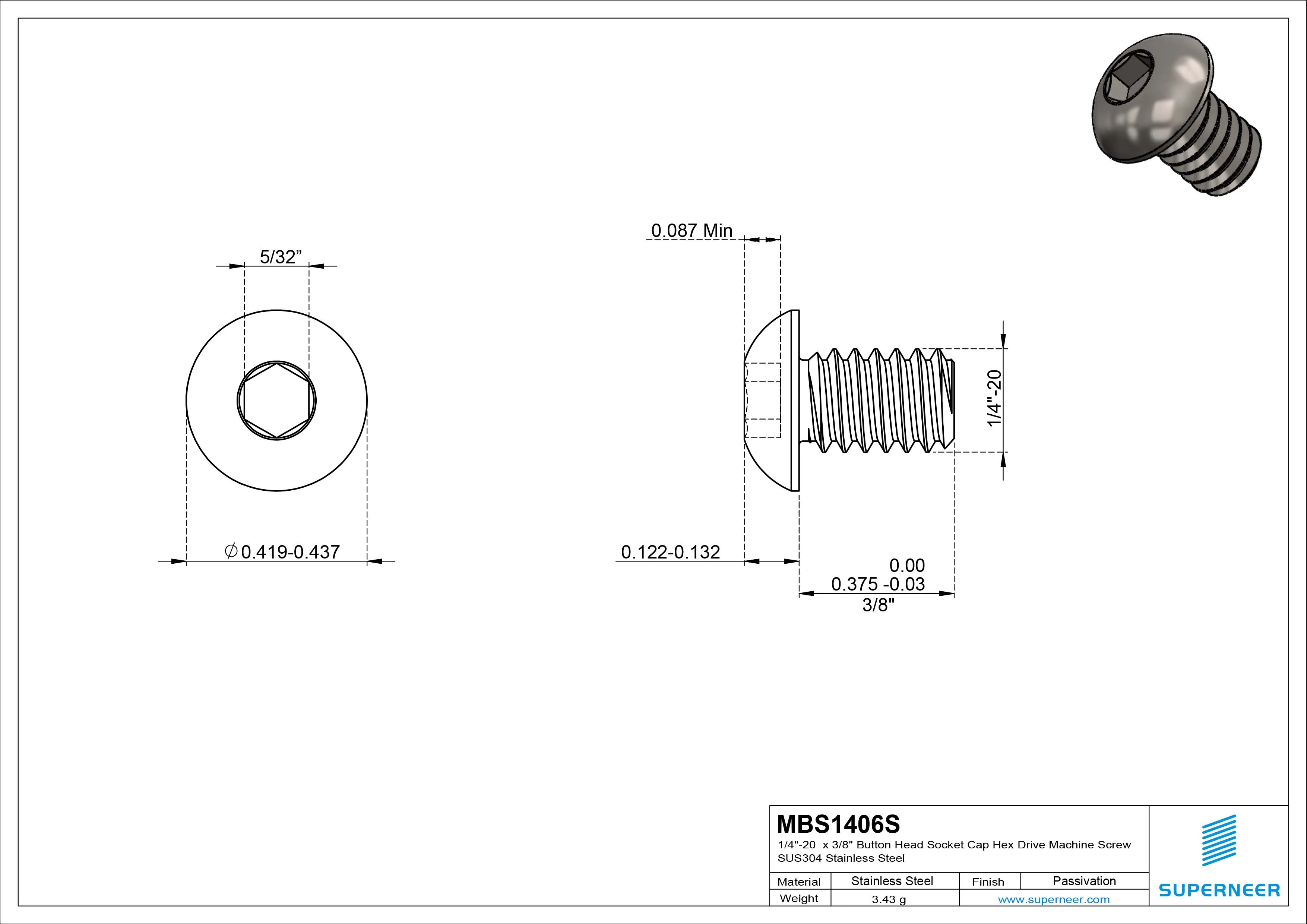 1/4"-20  x 3/8" Button Head Socket Cap Hex Drive Machine Screw SUS304 Stainless Steel