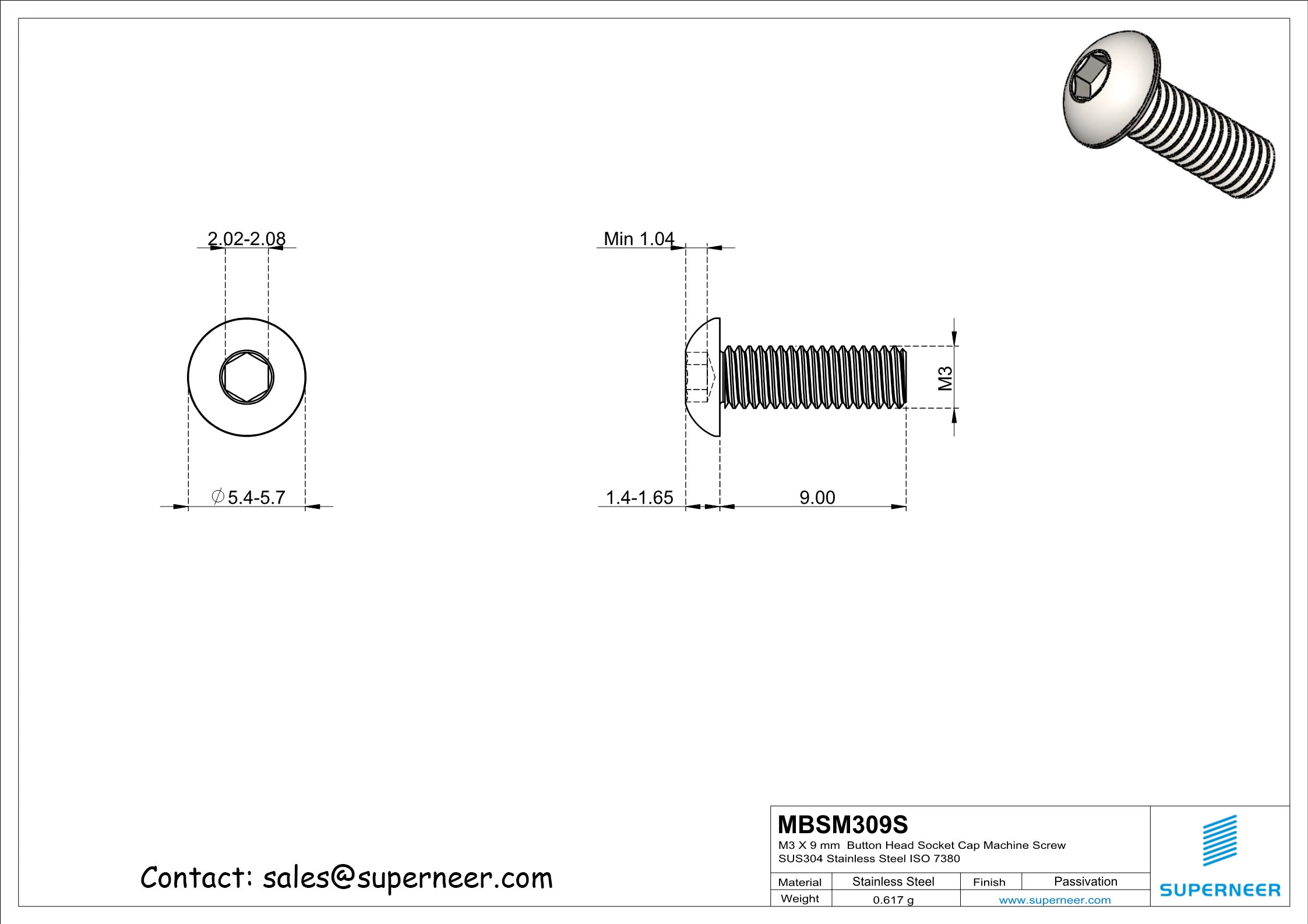 M3 x 9 mm  Button Head Socket Cap Machine Screw SUS304 Stainless Steel Inox ISO 7380