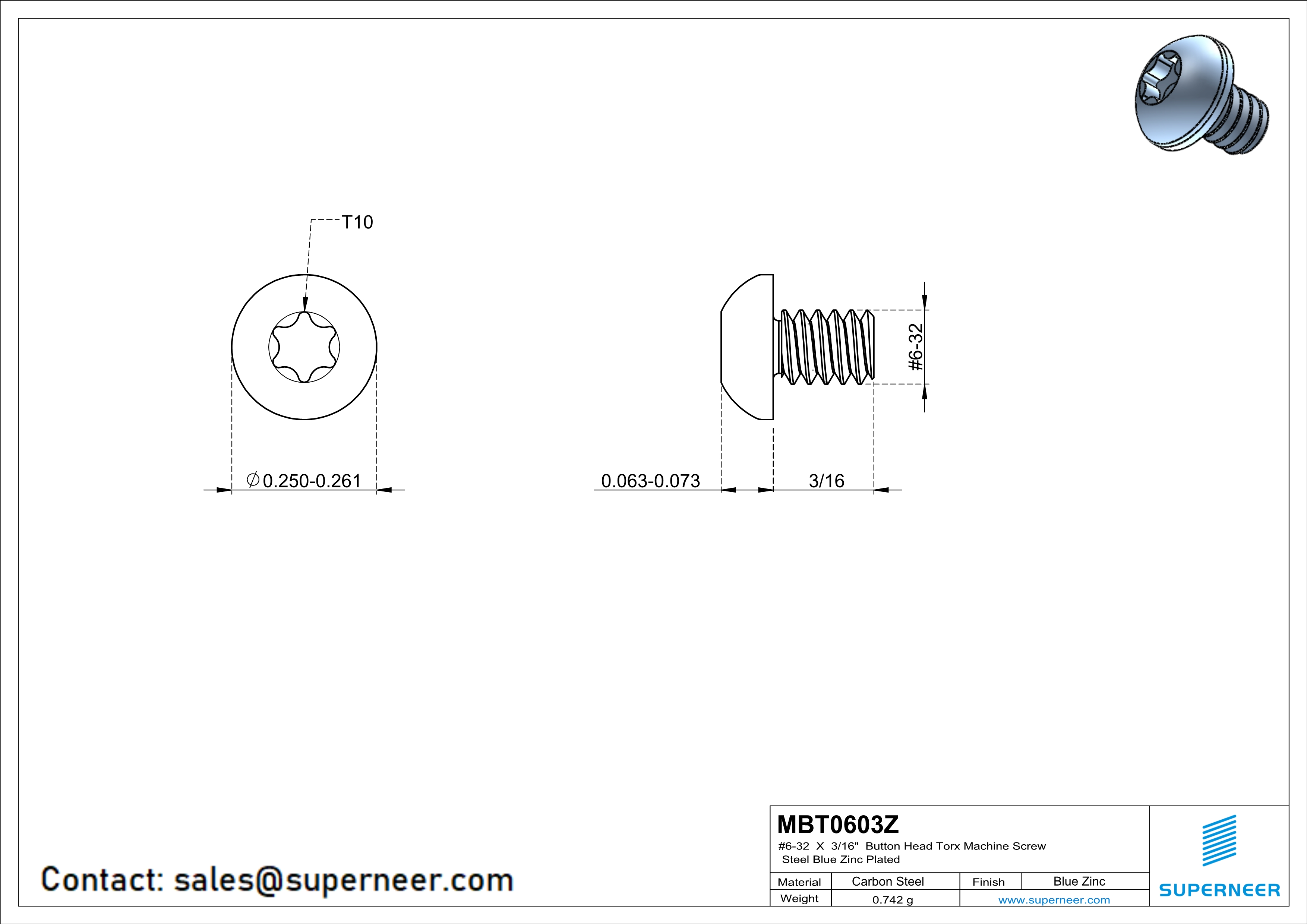 6-32 x 3/16" Button Head Torx Machine Screw Steel Blue Zinc Plated 