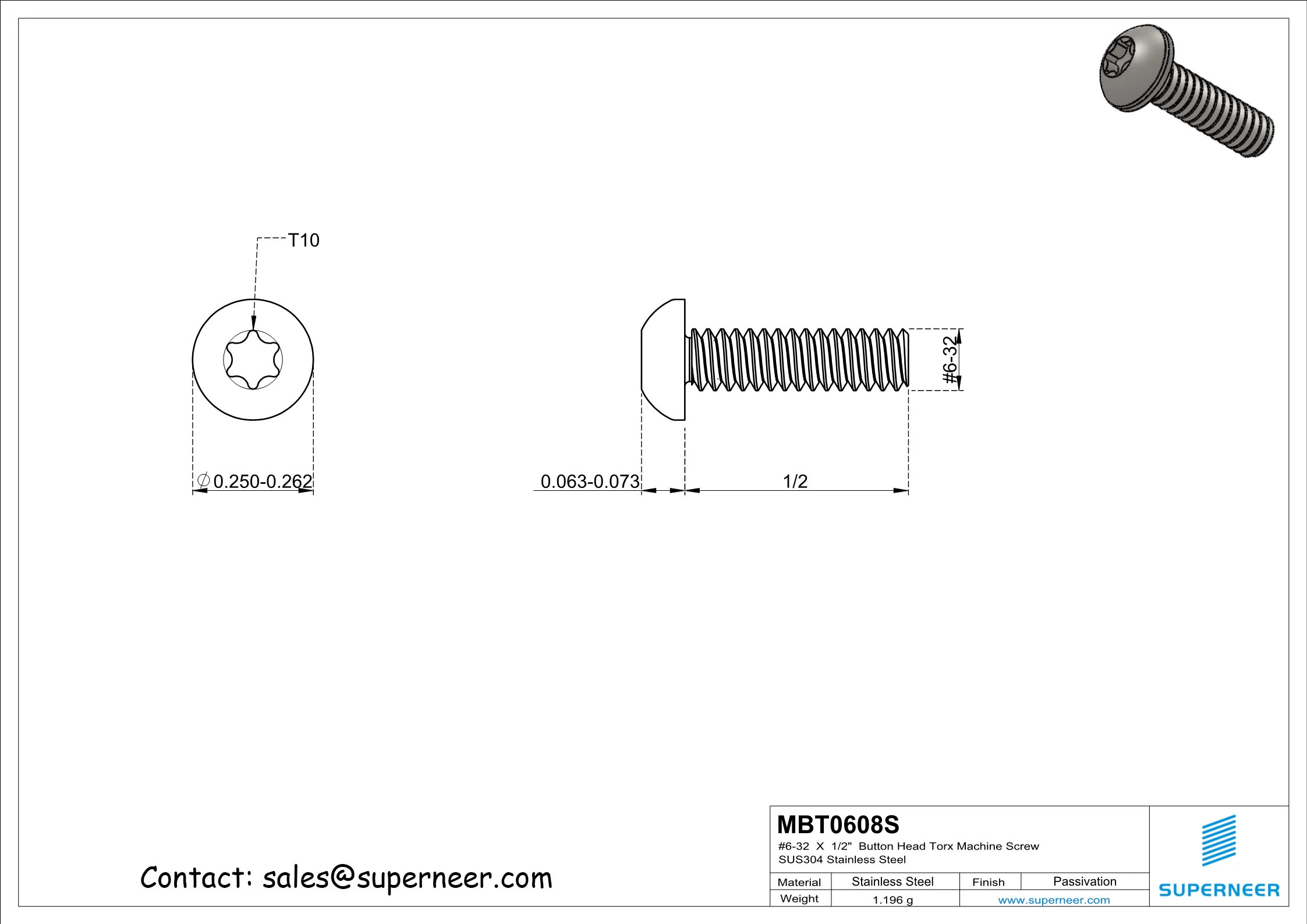 6-32  x 1/2"  Button Head Torx Machine Screw SUS304 Stainless Steel Inox 