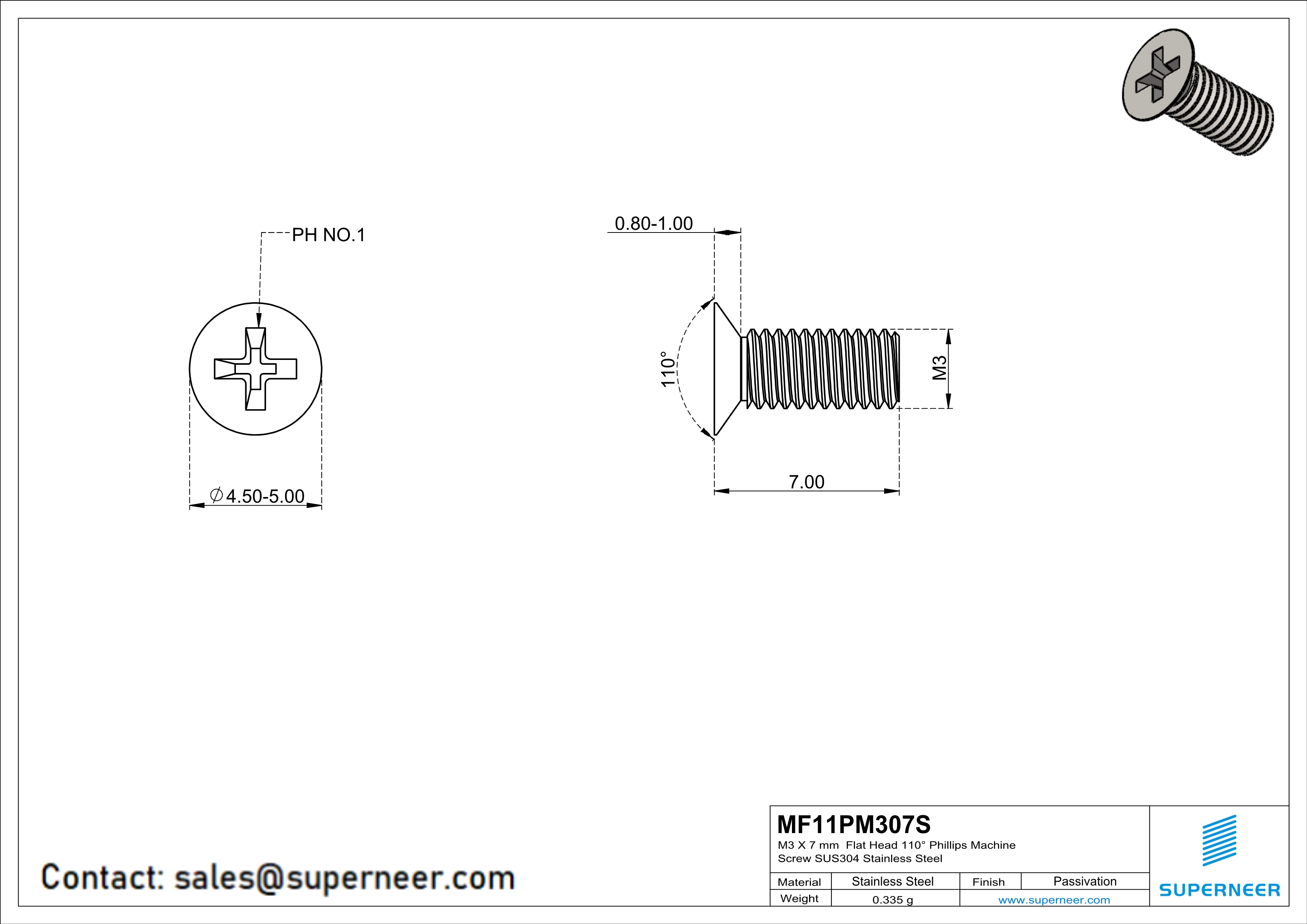M3 x 7 mm  Flat Head 110° Phillips Machine Screw SUS304 Stainless Steel Inox