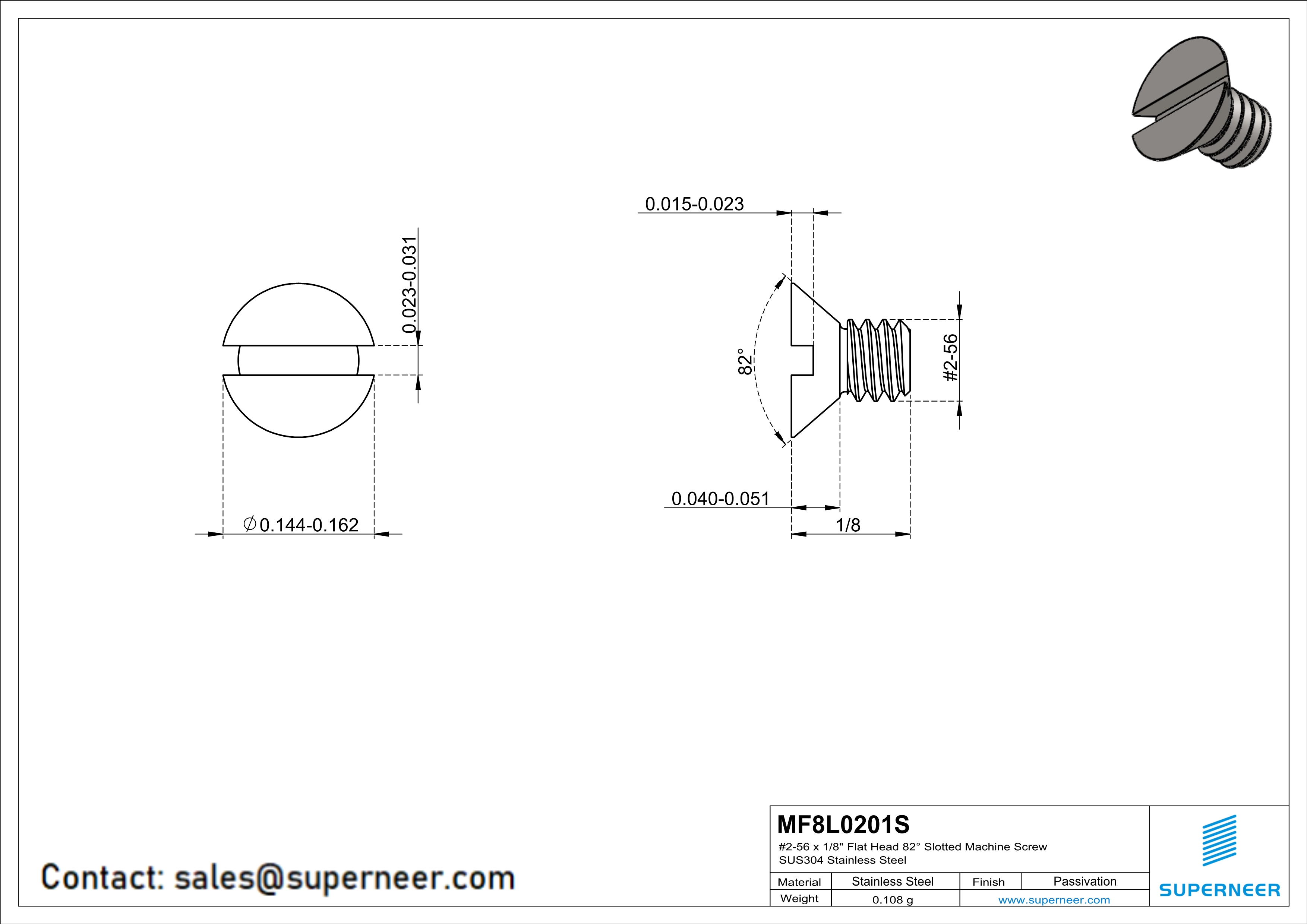 2-56 x 1/8" Flat Head 82° Slotted Machine Screw SUS304 Stainless Steel Inox
