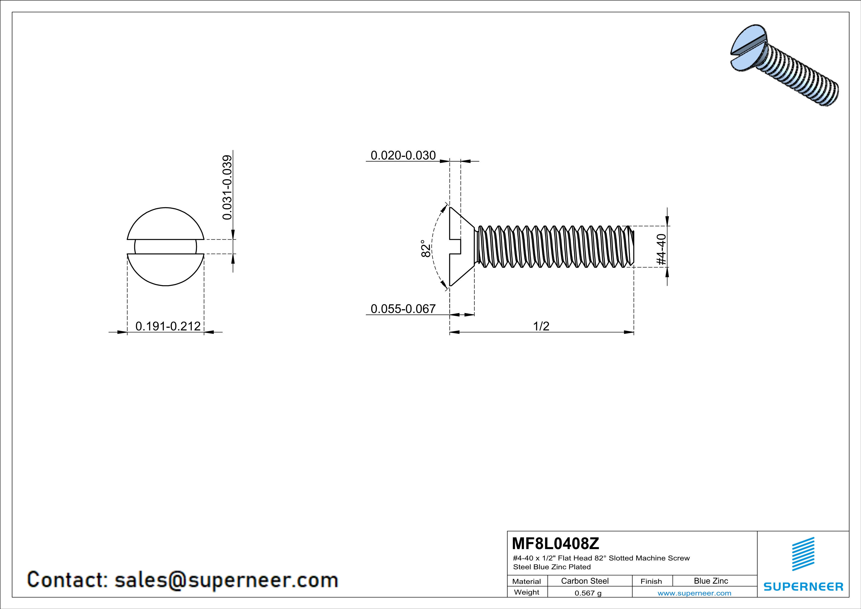 4-40 x 1/2"Flat Head 82° Slotted Machine Screw Steel Blue Zinc Plated